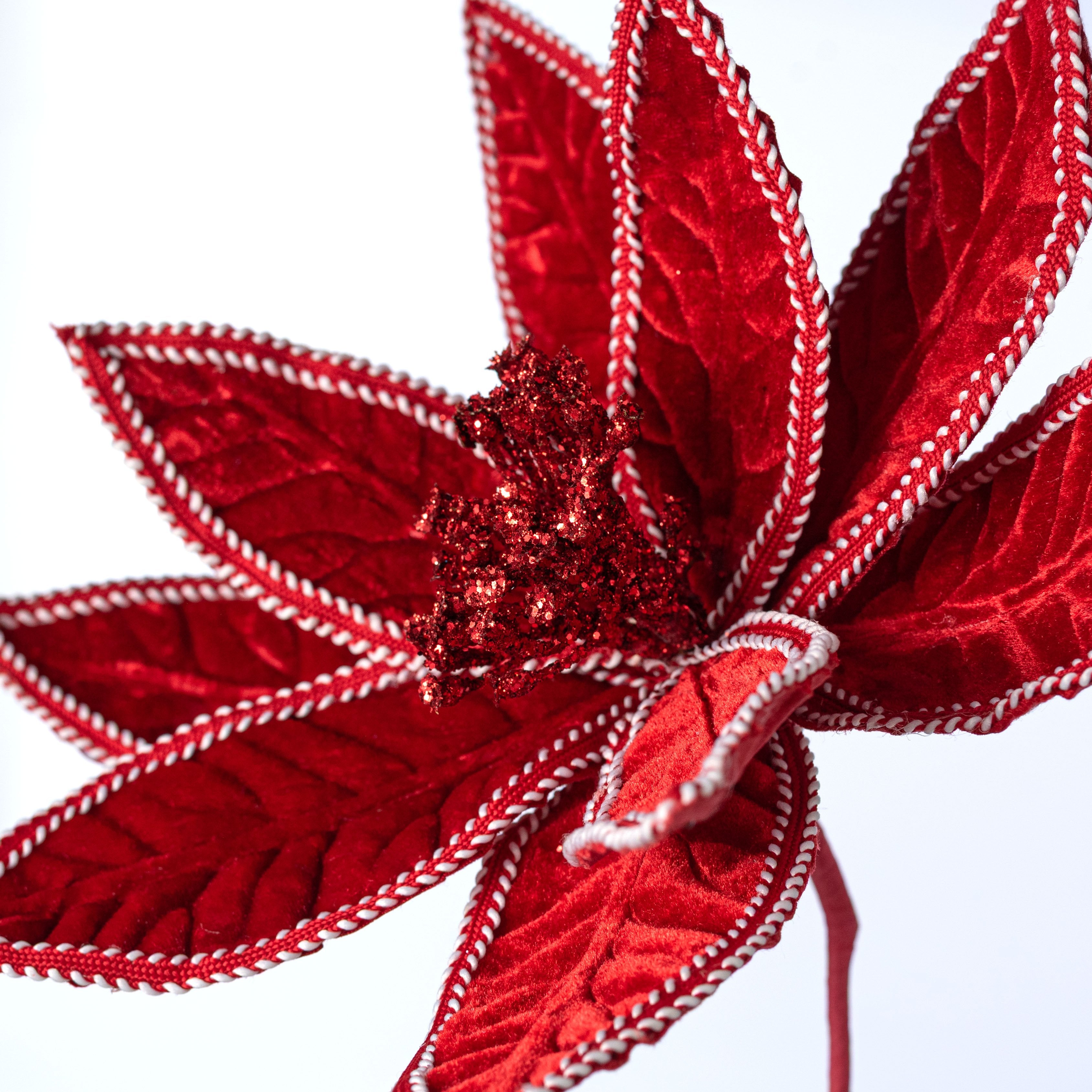 12" x 25" Velvet & Trim Poinsettia Stem: Red & White detail photo 4