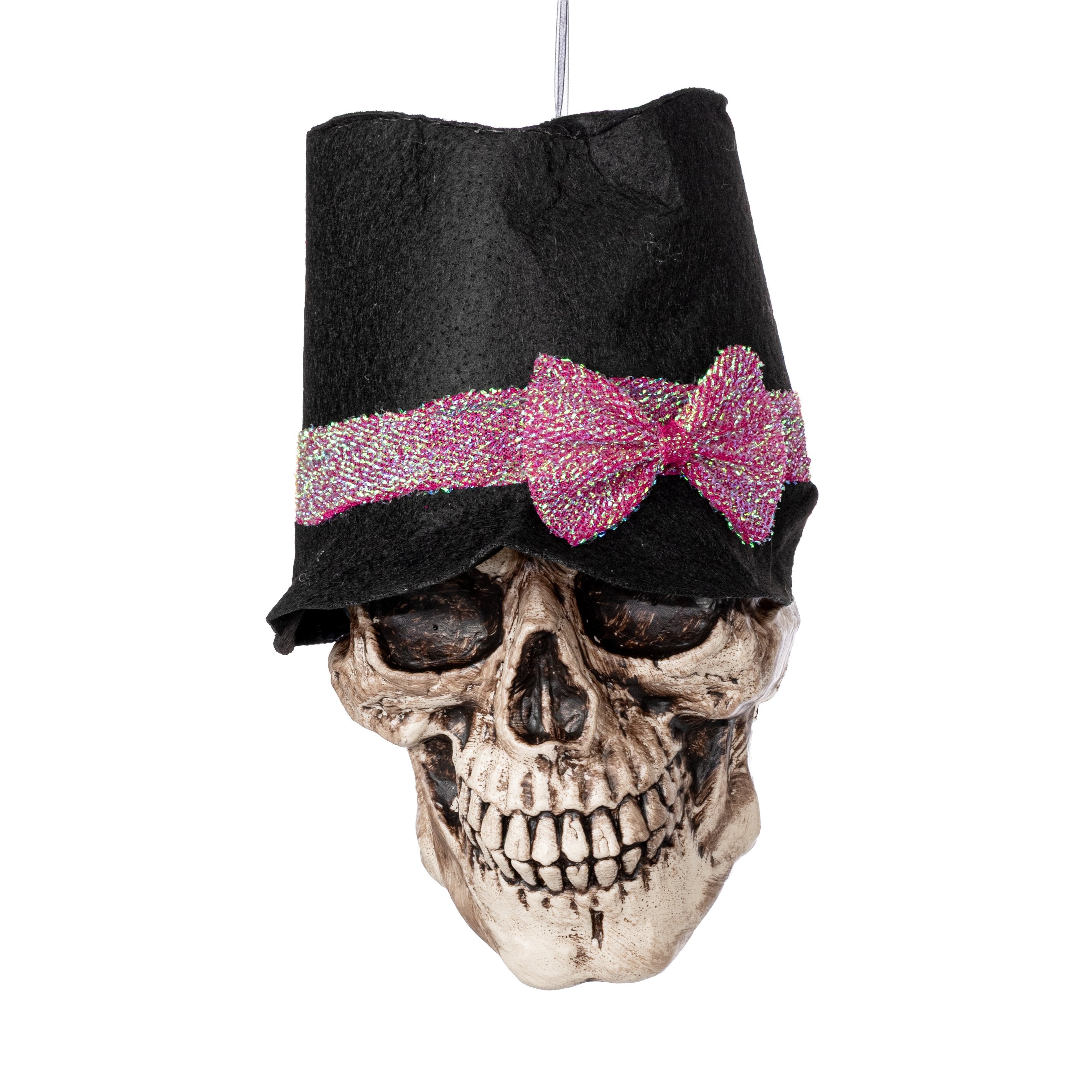 12" Plastic & Felt Skull with Hat Decoration: Pink Bow Item Number: HH4062