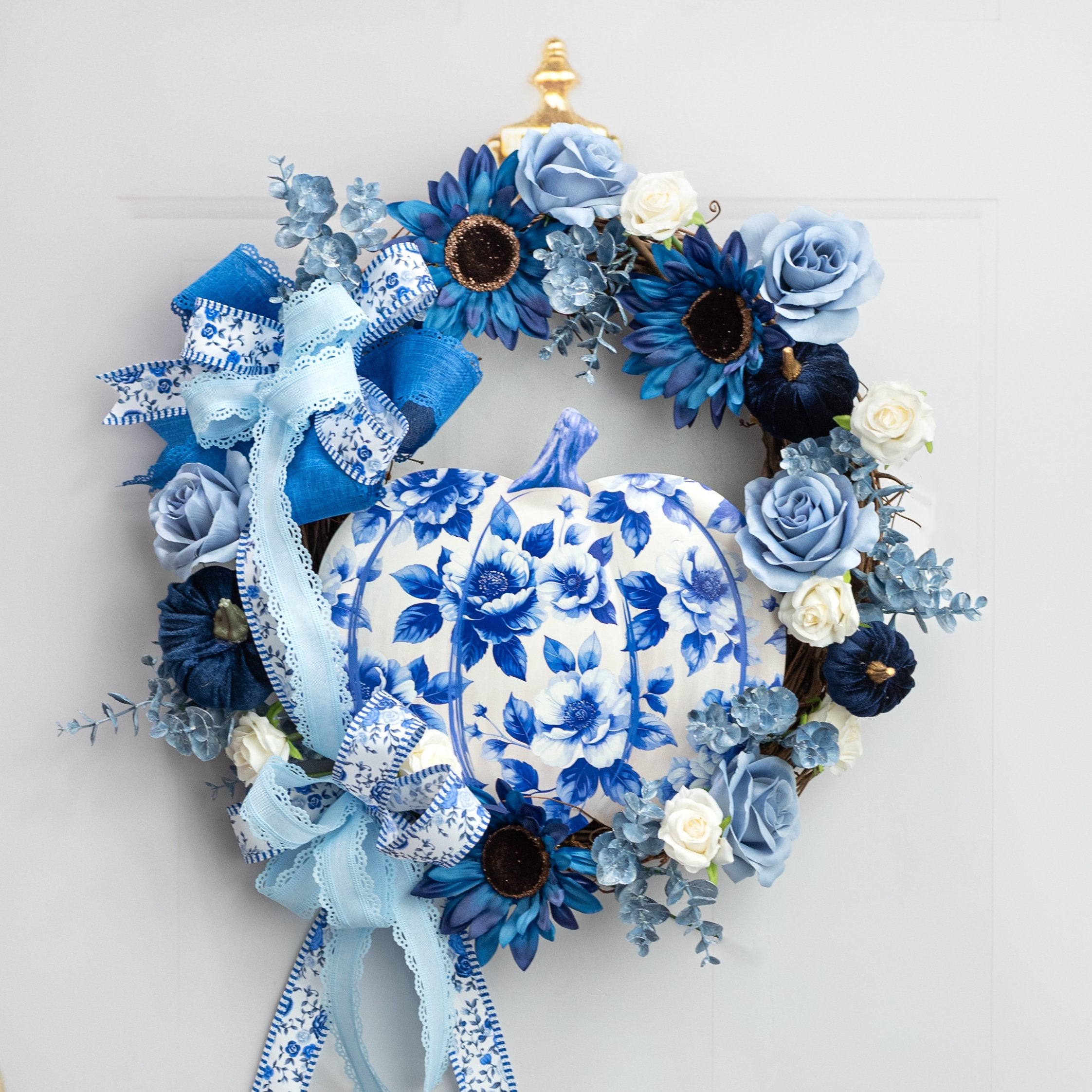 12" Pumpkin Shape Metal Sign: Chinoiserie Blue Lifestyle Photo