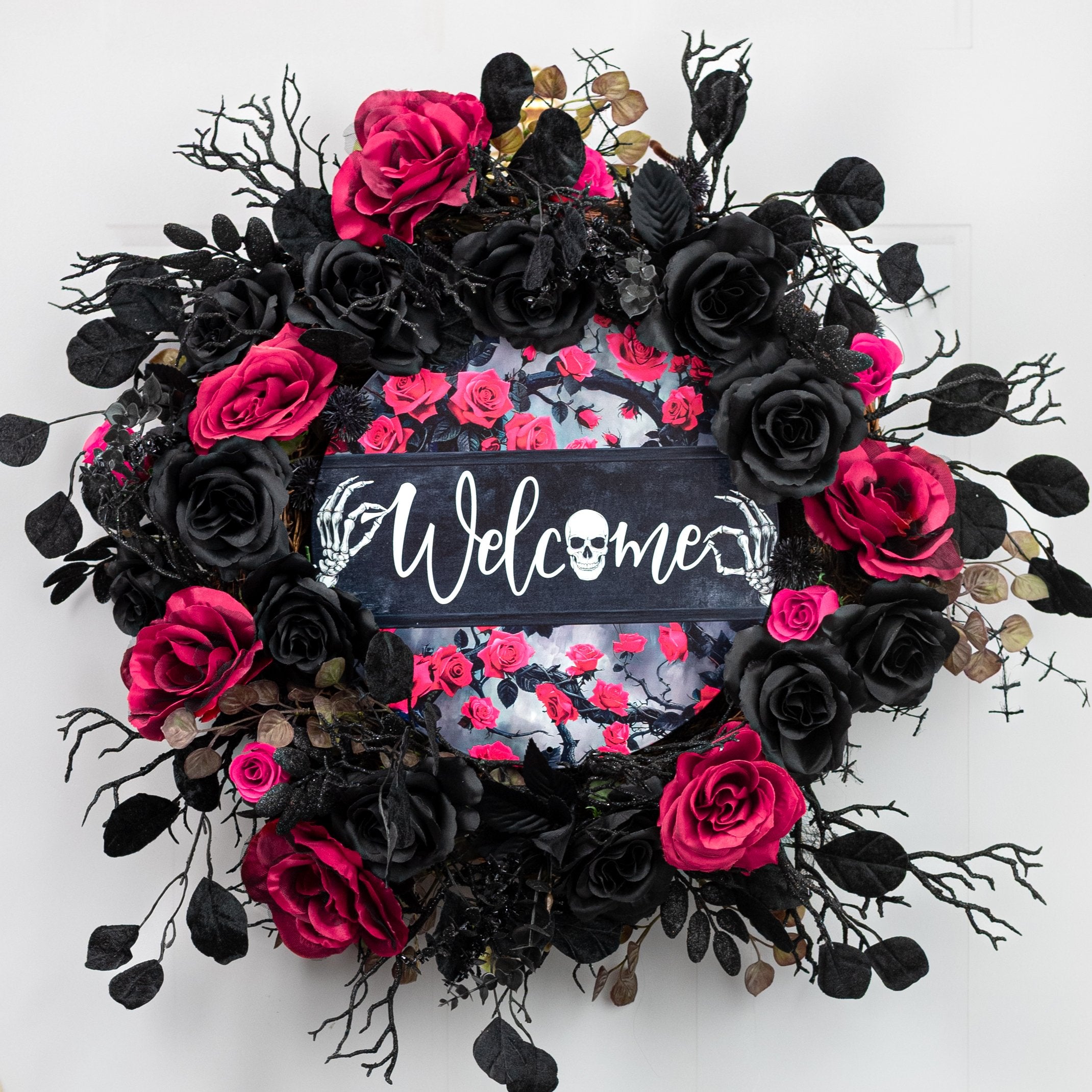12" Round Metal Sign: Black & Hot Pink Roses Welcome Skeleton Lifestyle Photo