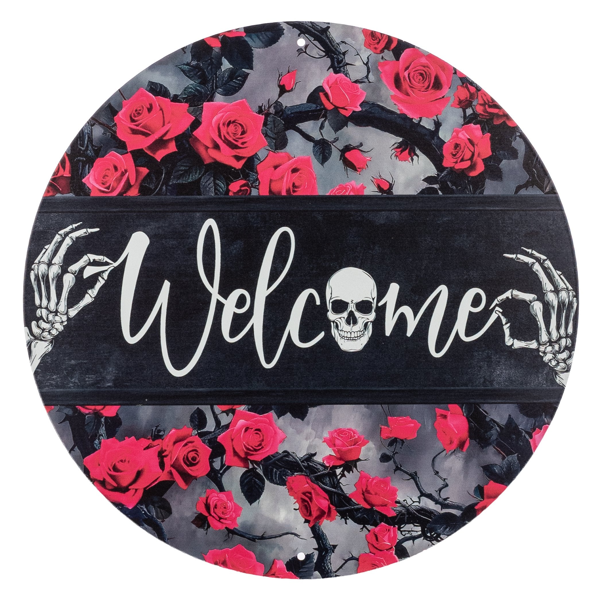 12" Round Metal Sign: Black & Hot Pink Roses Welcome Skeleton Item Number: MD1892M6