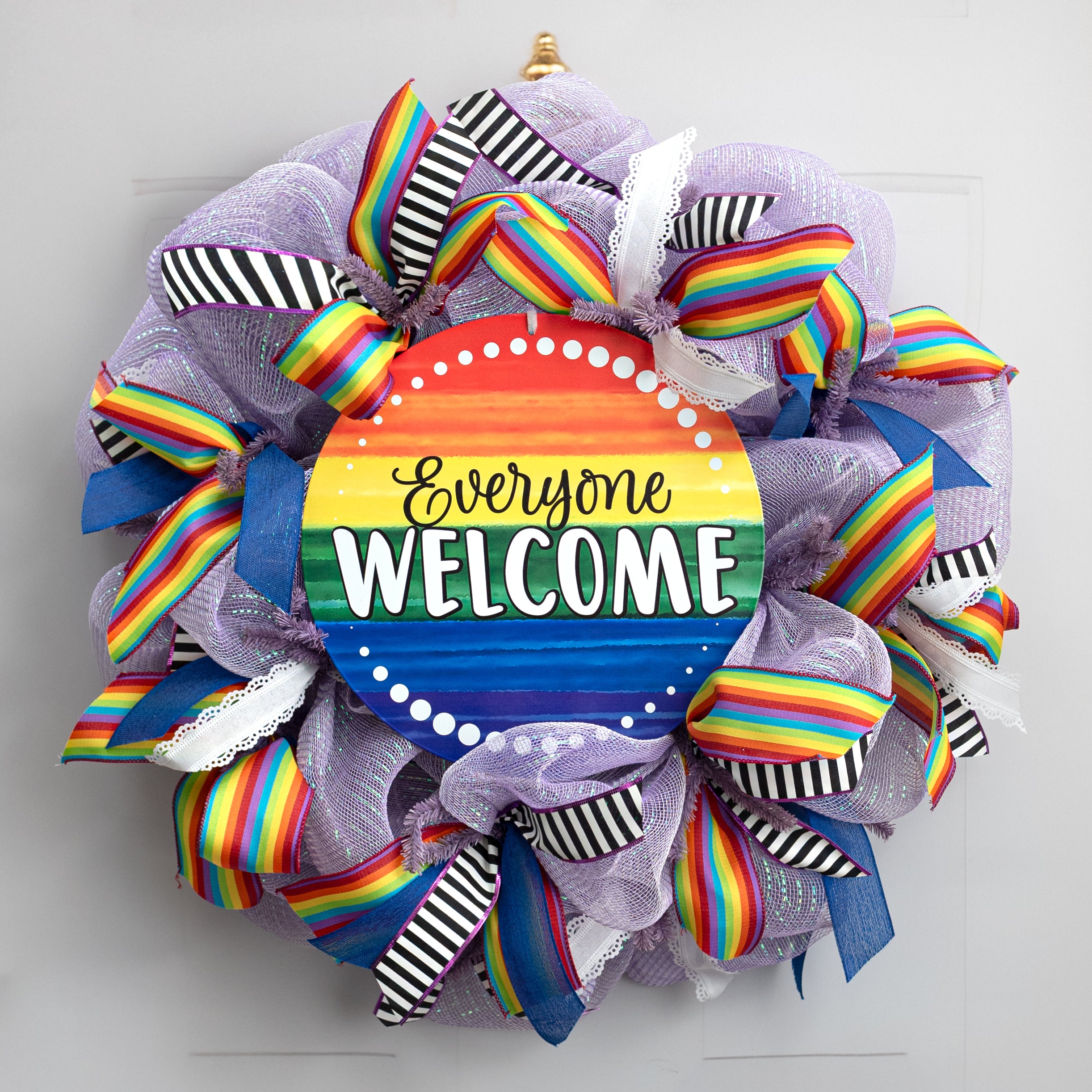 12" Round Metal Sign: Everyone Welcome Rainbow Lifestyle Photo