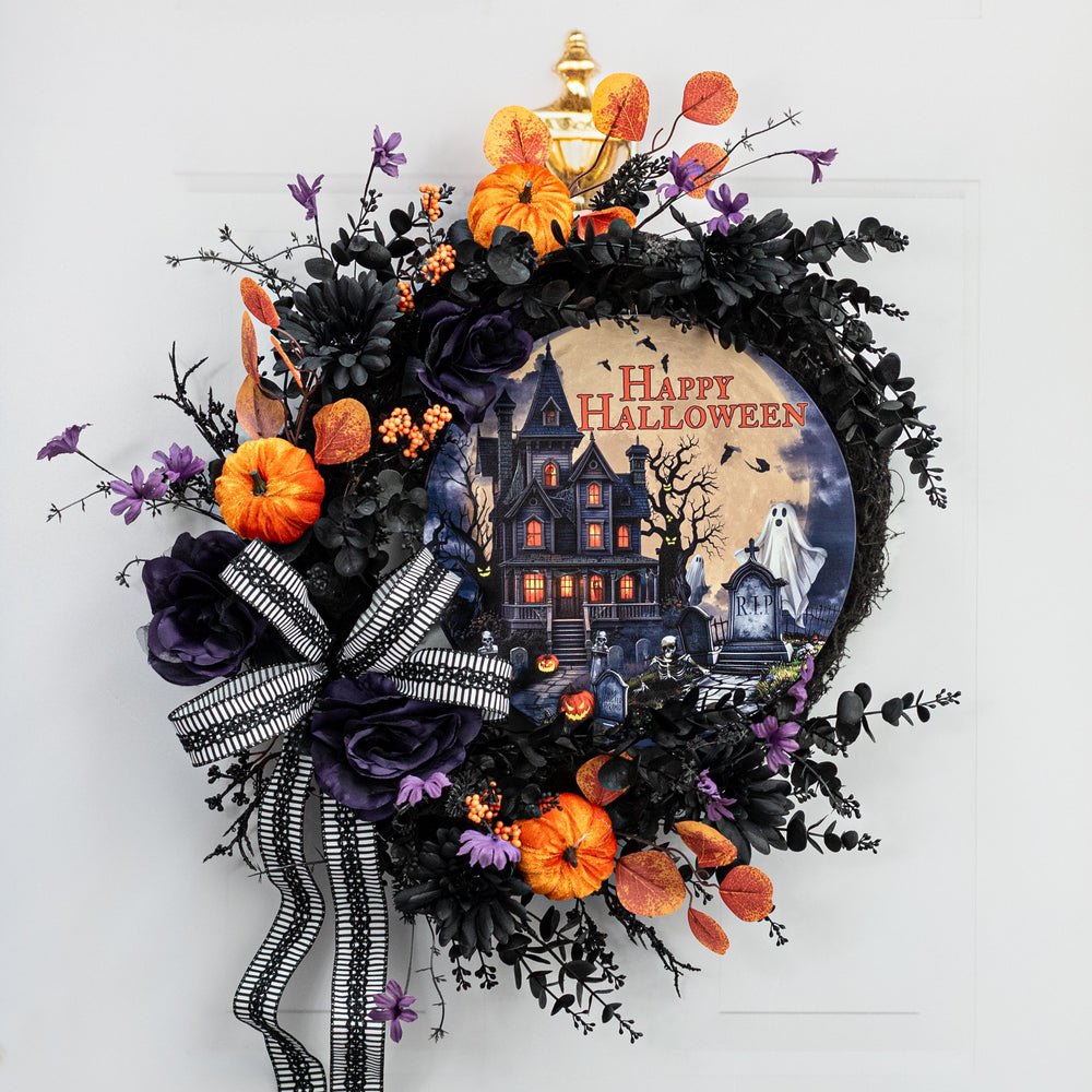 12" Round Metal Sign: Happy Halloween Haunted House Lifestyle Photo