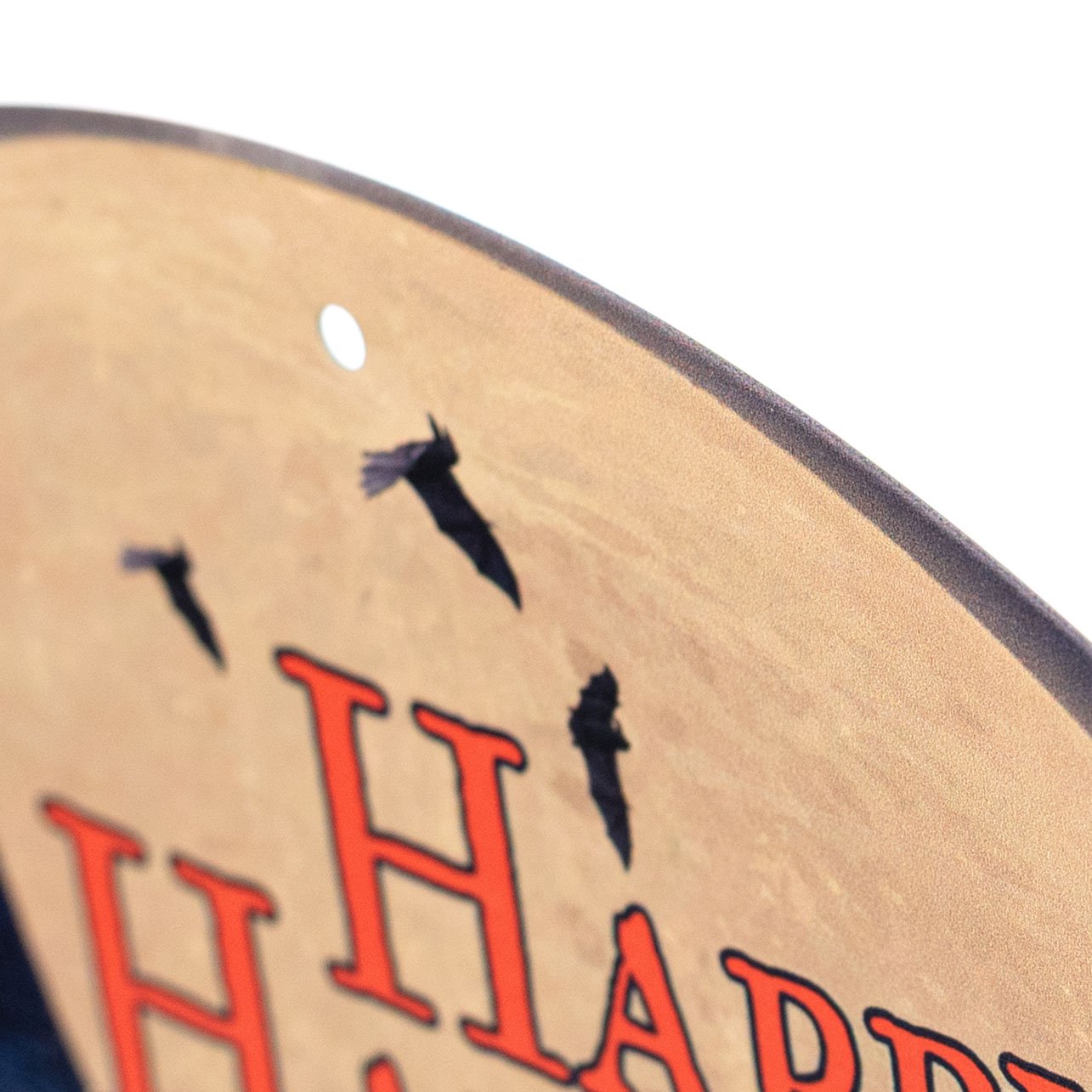12" Round Metal Sign: Happy Halloween Haunted House detail photo 3