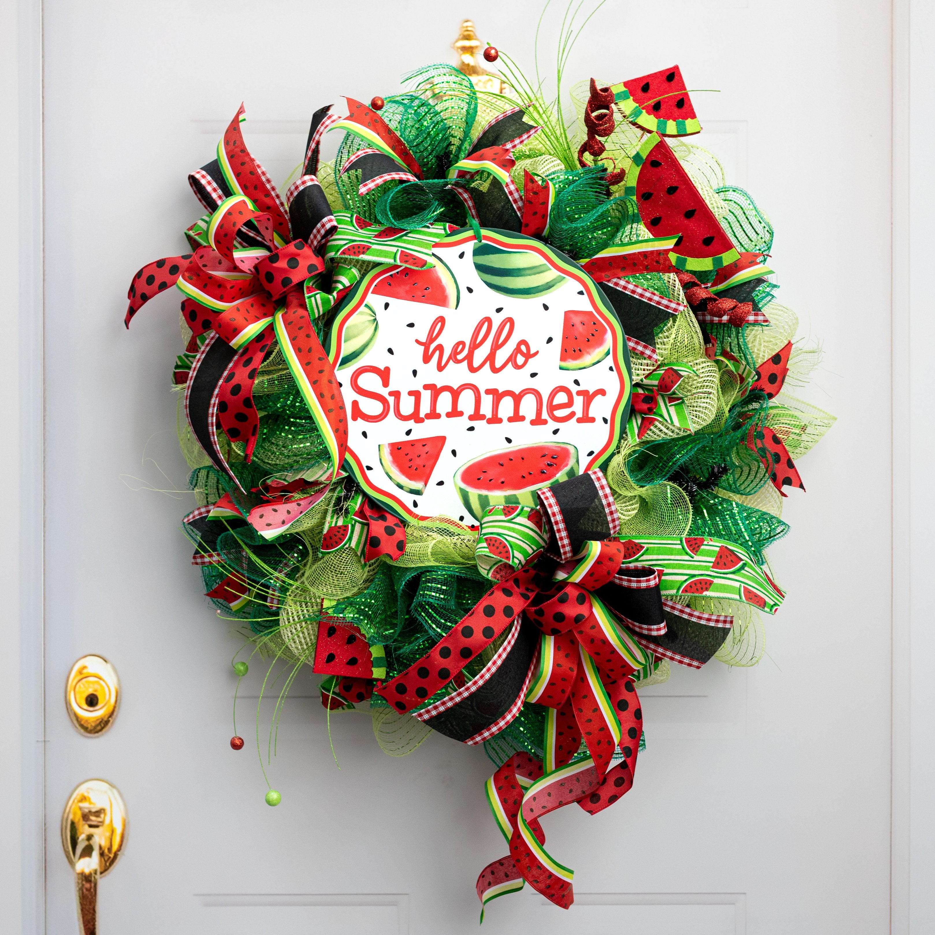 12" Round Metal Sign: Hello Summer Watermelon Lifestyle Photo