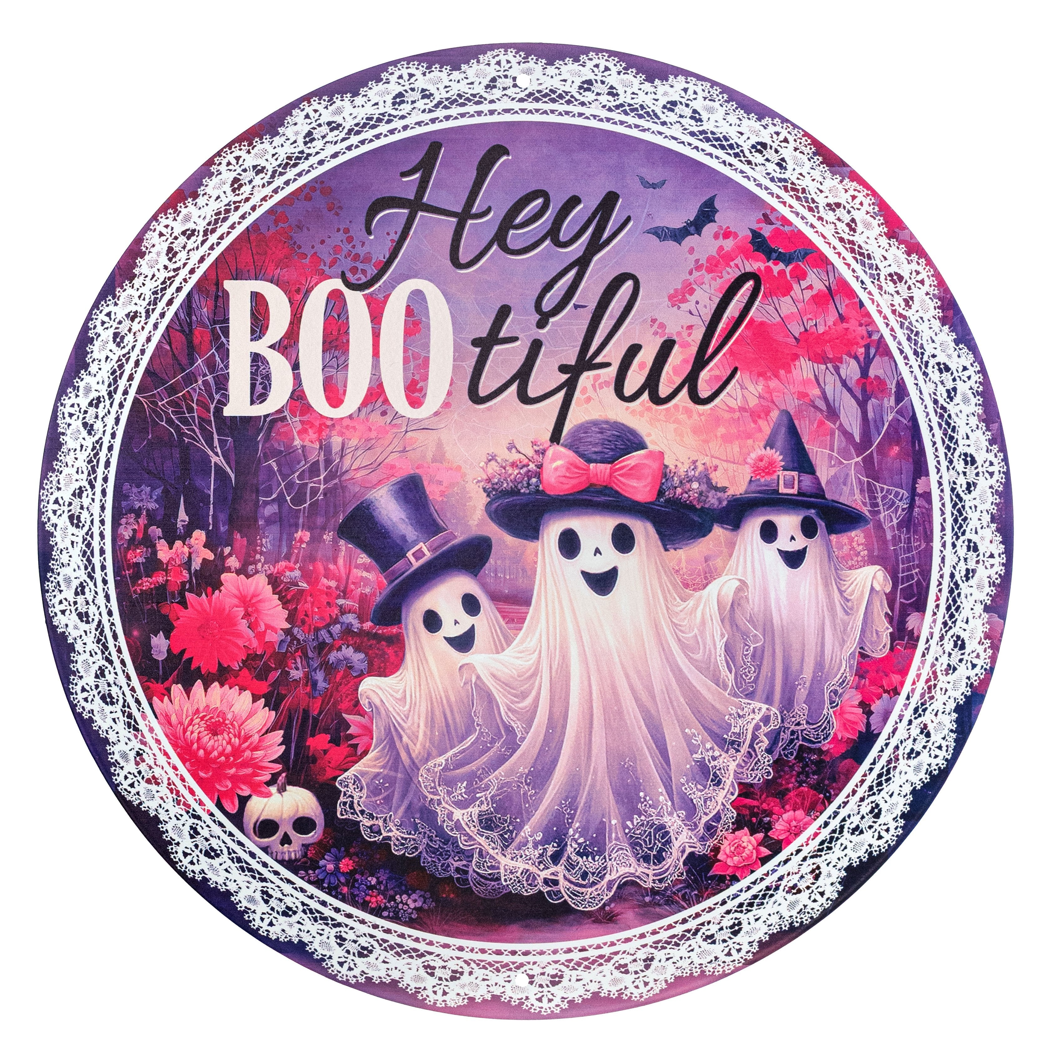 12" Round Metal Sign: Hey Boo-tiful Fancy Ghosts Pink Item Number: MD1895M4