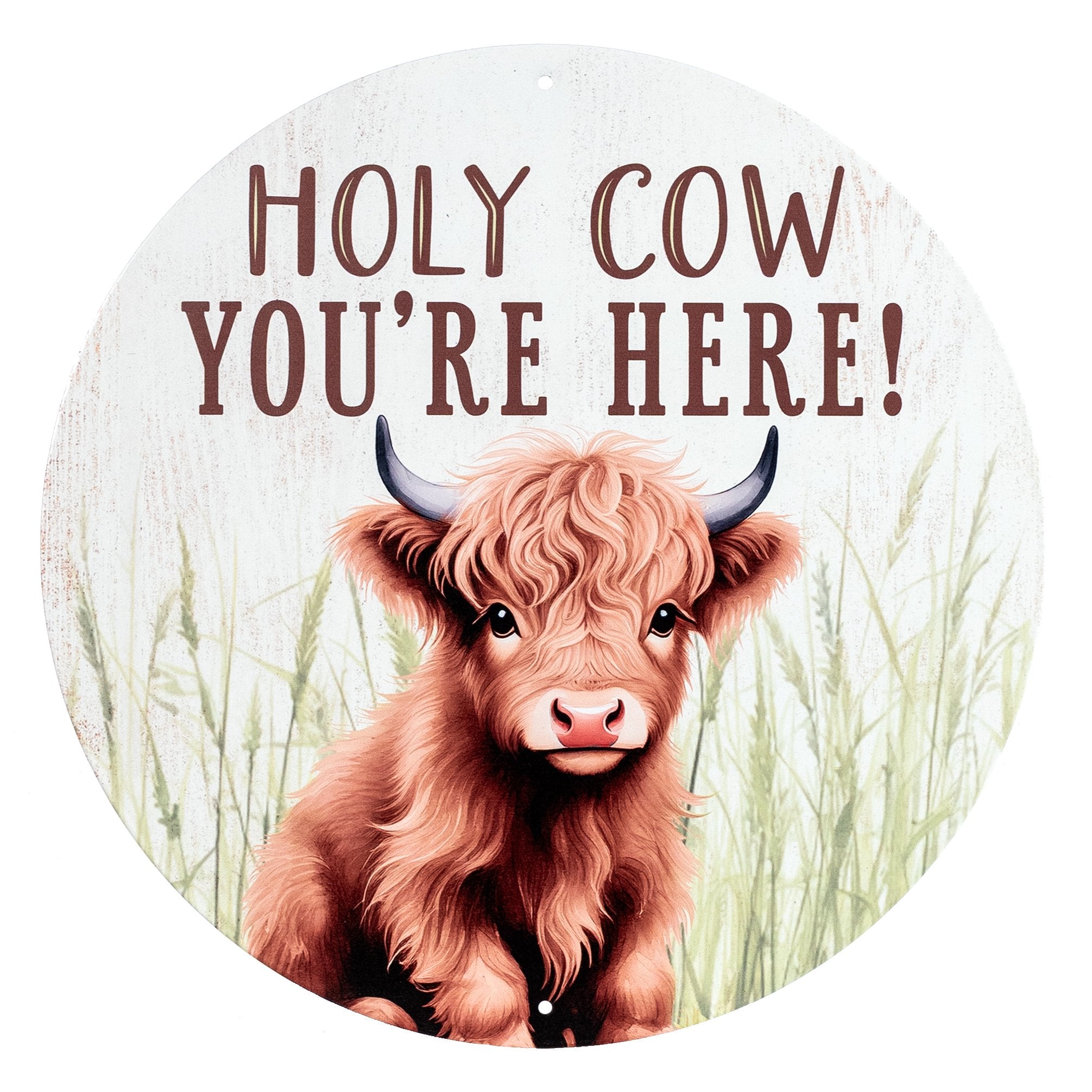 12" Round Metal Sign: Holy Highland Cow You're Here Item Number: MD1803H6