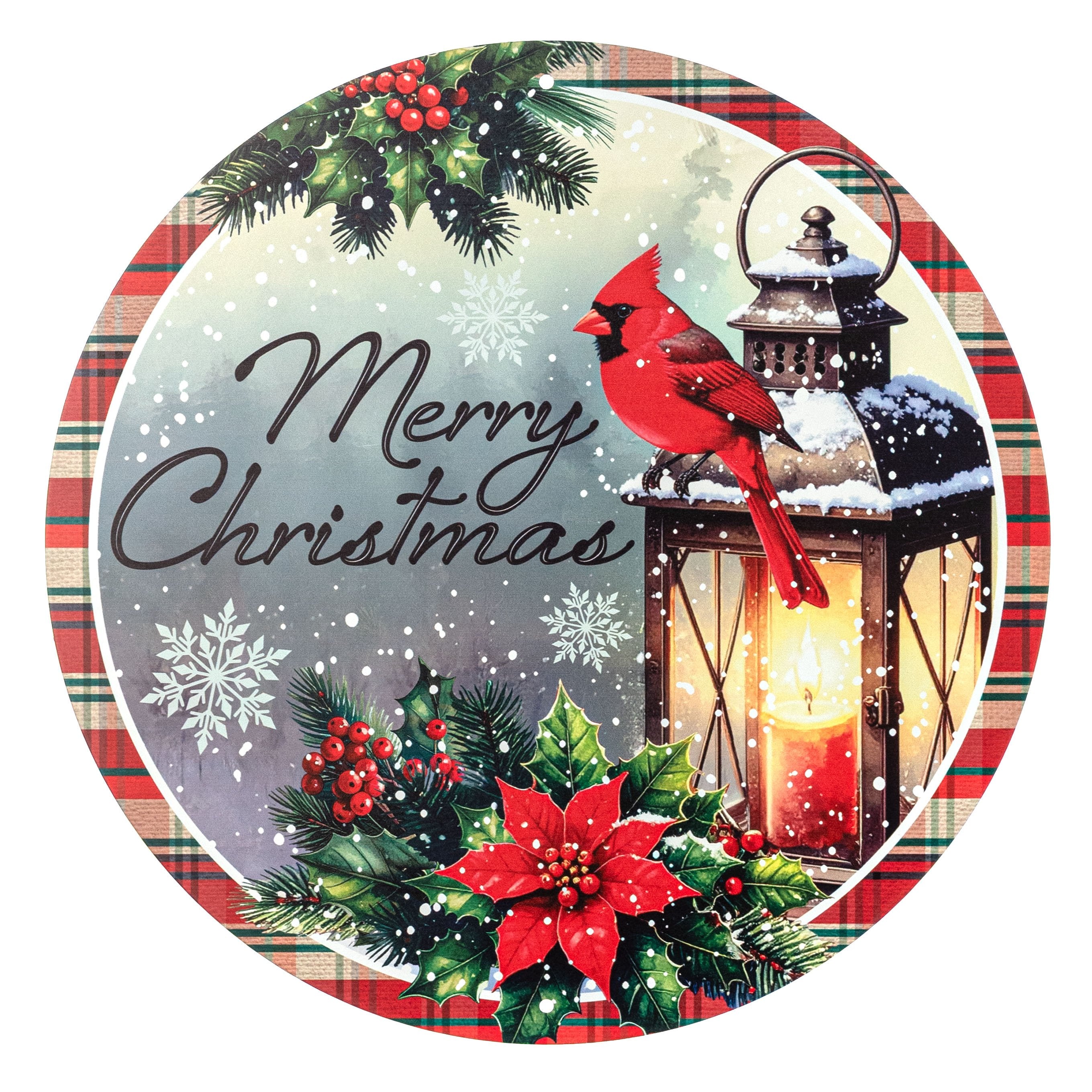 12" Round Metal Sign: Merry Christmas Cardinal Lantern Item Number: MD1898