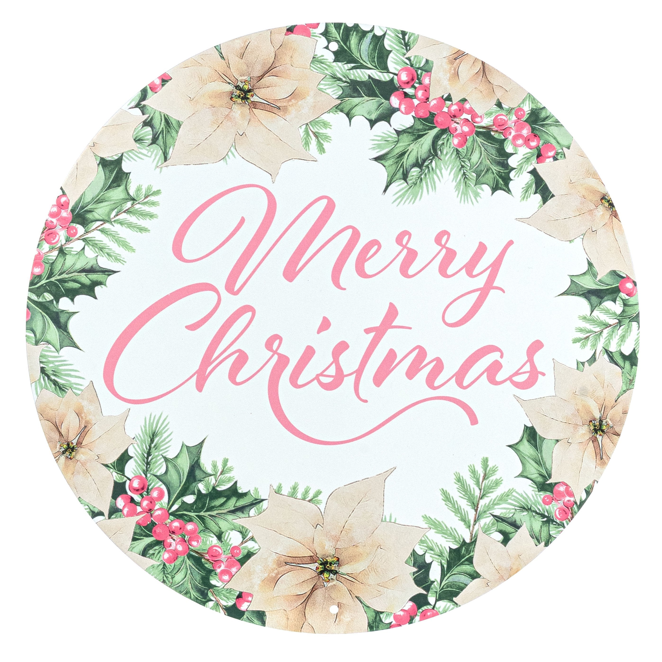 12" Round Metal Sign: Pink Merry Christmas Holly Item Number: MD177415