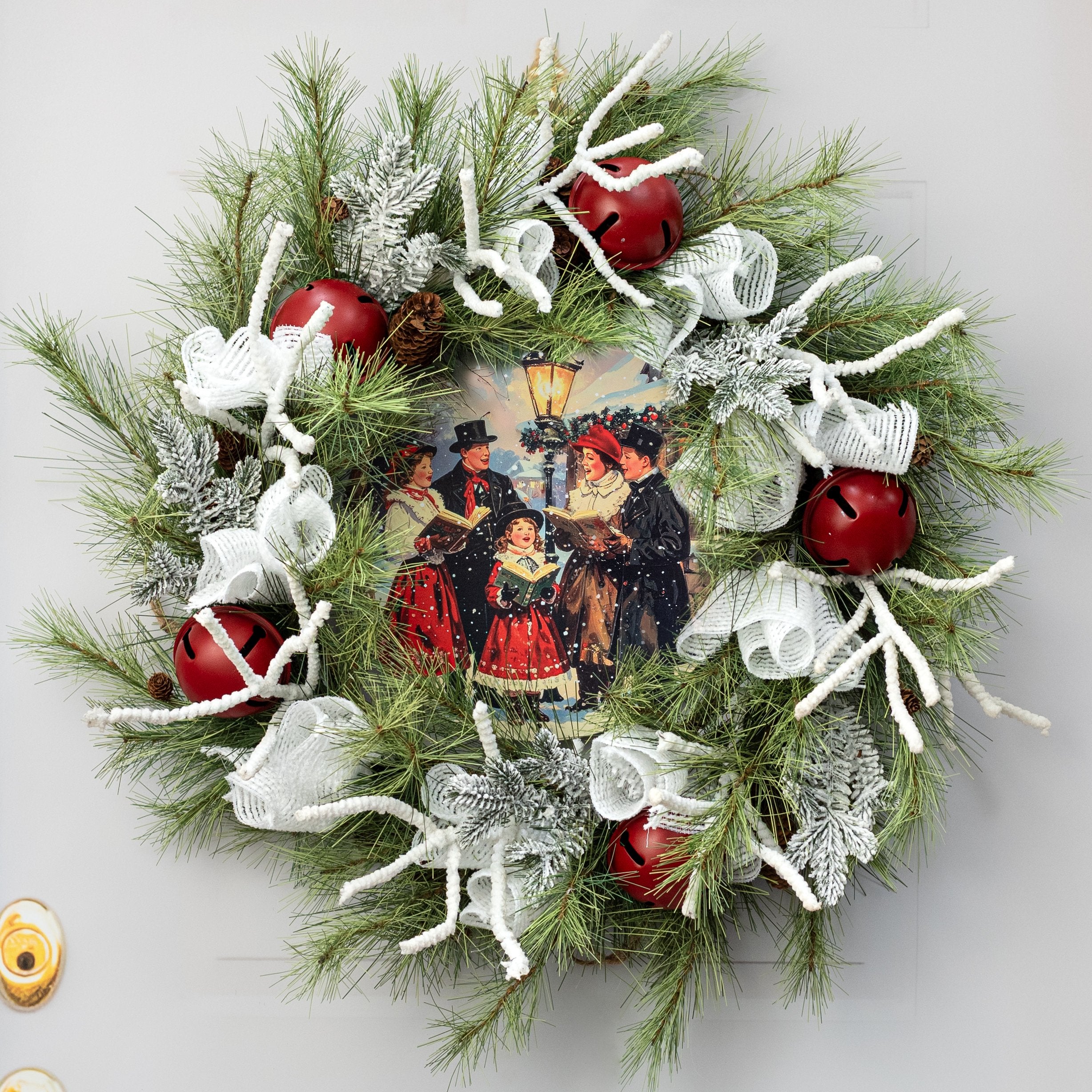 12" Round Metal Sign: Snowy Christmas Carolers Lifestyle Photo