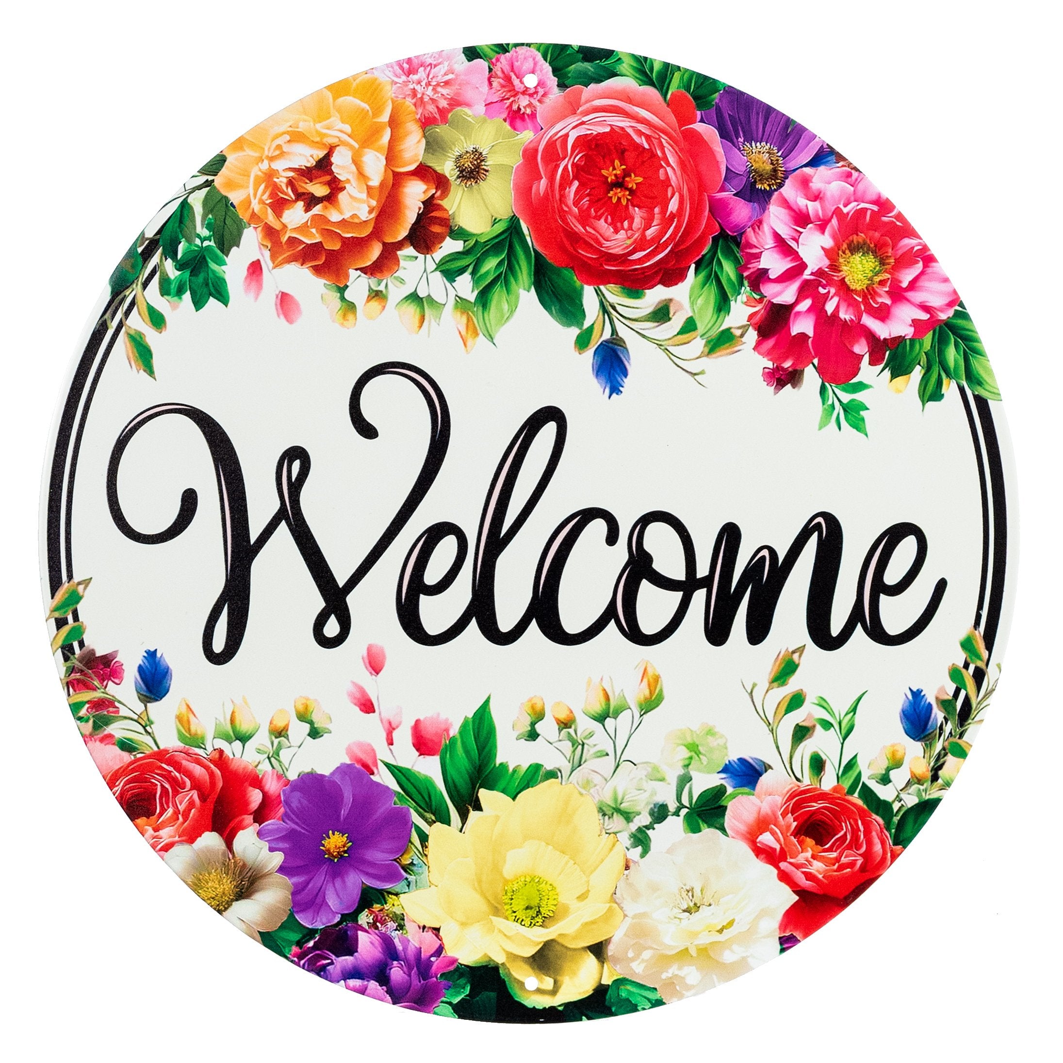 12" Round Metal Sign: Welcome Florals Item Number: MD1802