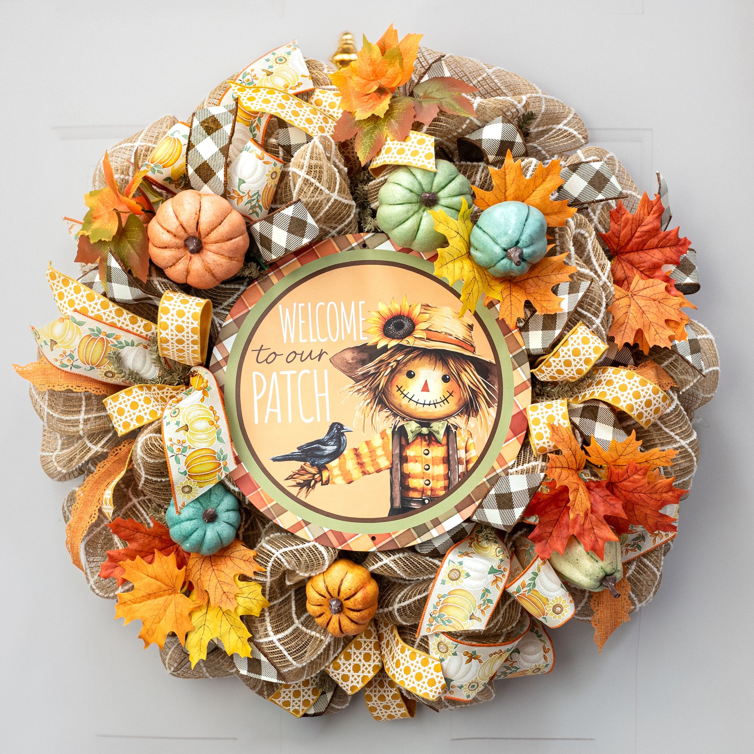 12" Round Metal Sign: Welcome to our Patch Scarecrow Lifestyle Photo