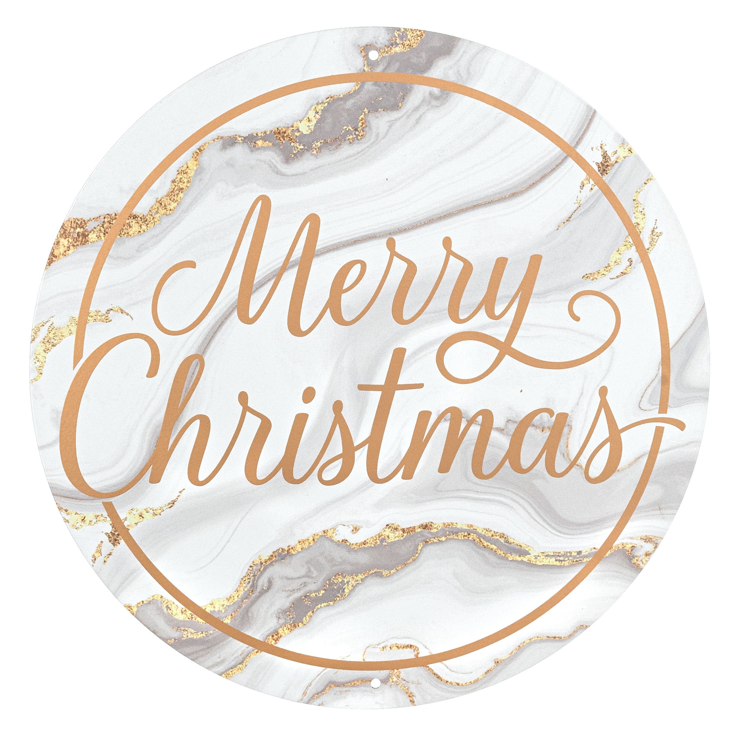 12" Round Metal Sign: White & Gold Marble Merry Christmas Item Number: MD1798H5