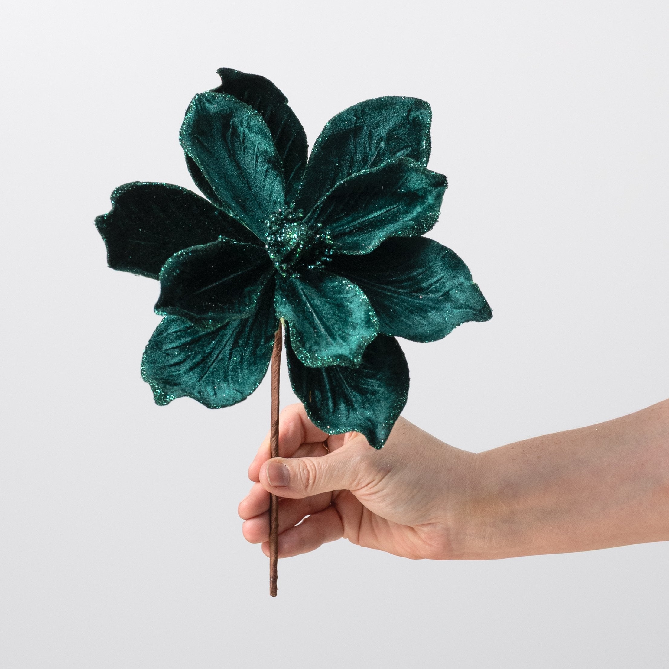 8" x 12" Velvet Magnolia Flower Stem: Deep Emerald Green detail photo 3