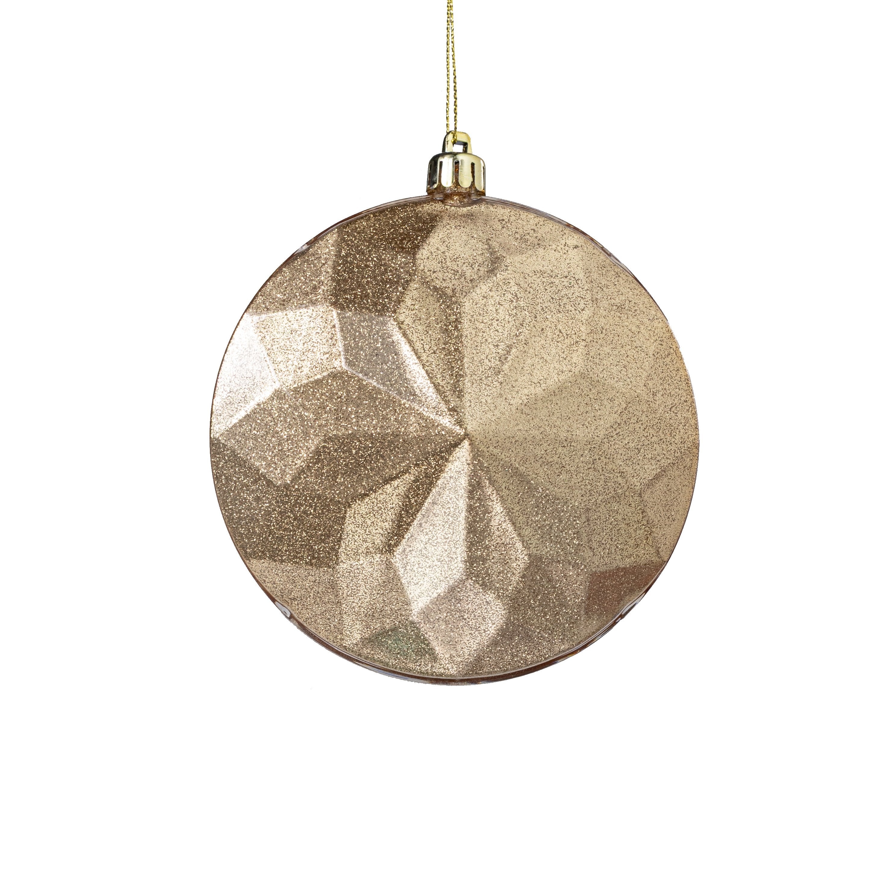 120mm Faceted Flat Round Gem Ornament: Glitter Inside Champagne Gold Item Number: XJ7657N5