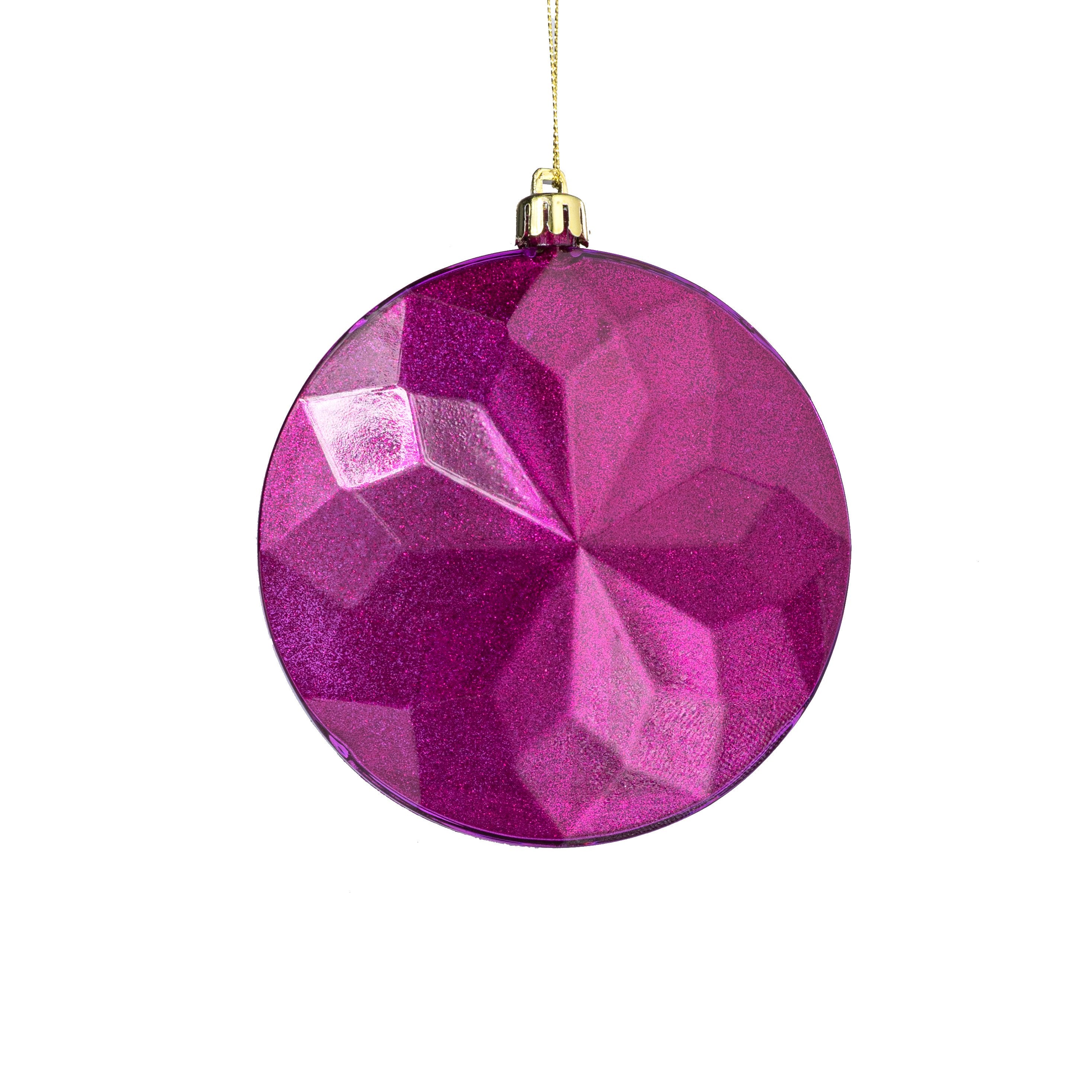 120mm Faceted Flat Round Gem Ornament: Glitter Inside Fuchsia Pink Item Number: XJ765707