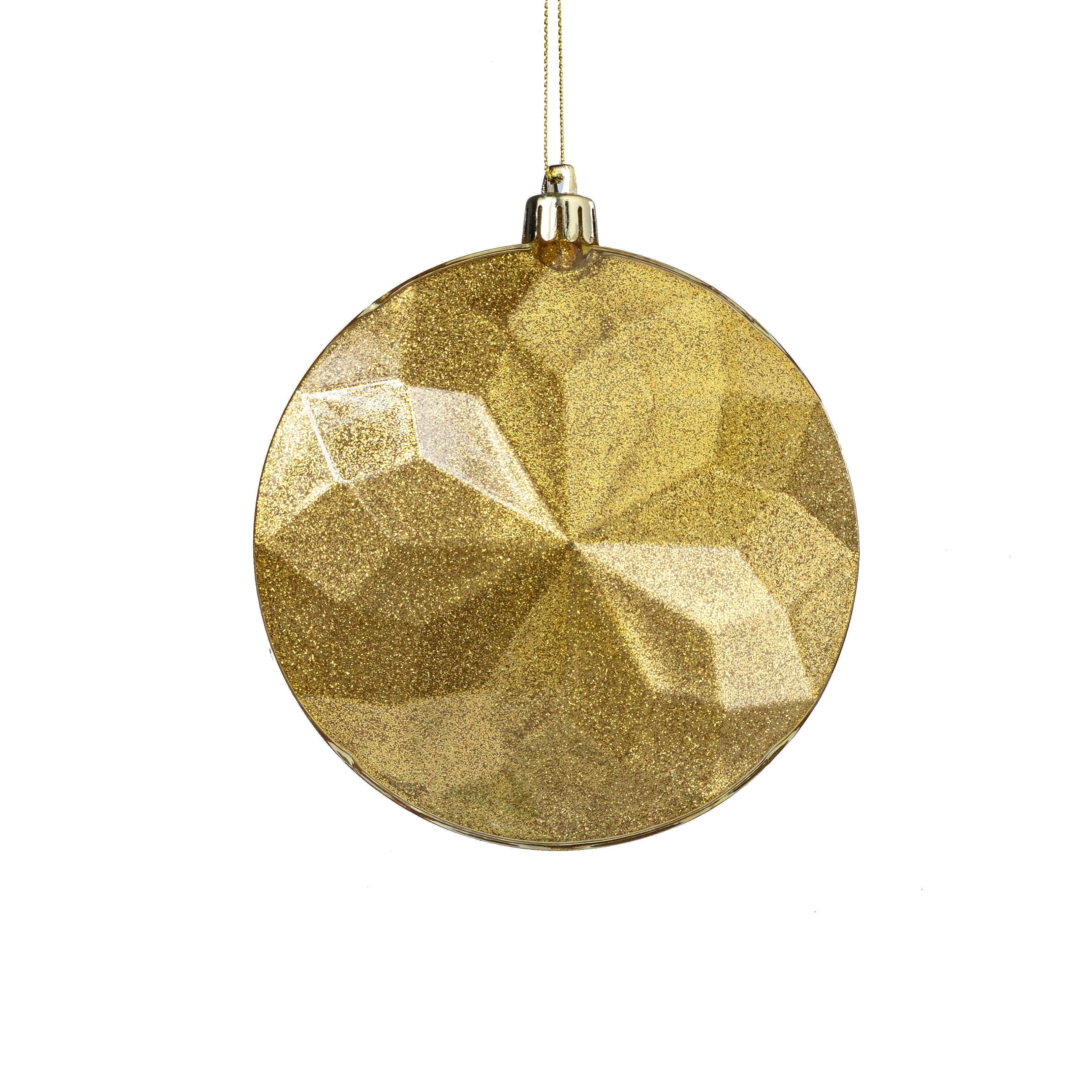 120mm Faceted Flat Round Gem Ornament: Glitter Inside Gold Item Number: XJ765708