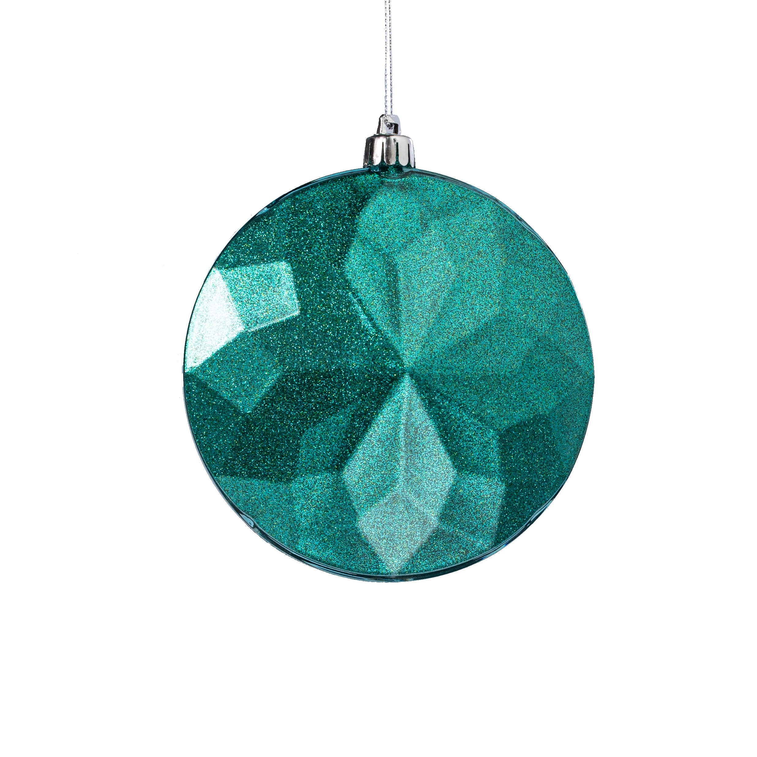 120mm Faceted Flat Round Gem Ornament: Glitter Inside Turquoise Teal Item Number: XJ7657EK