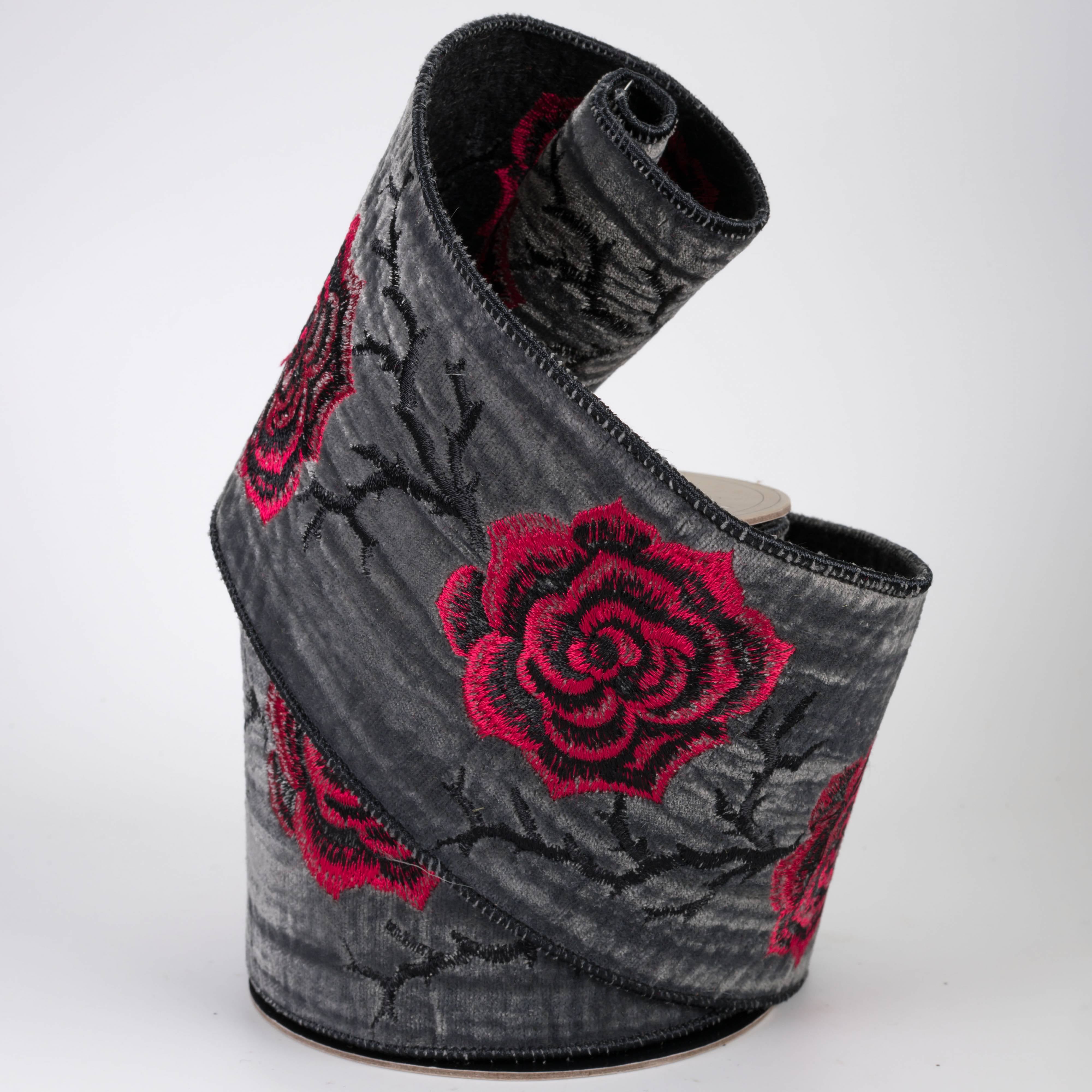[D Stevens] 4" Velvet Embroidered Red Roses Ribbon: Charcoal Black (5 Yards)