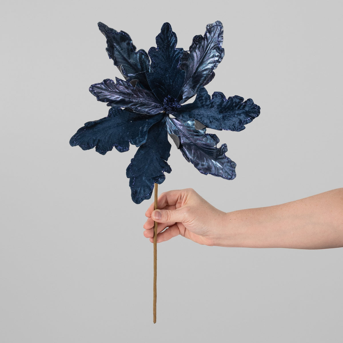 125" Velvet & Metallic Poinsettia Spray: Navy Blue detail photo 3