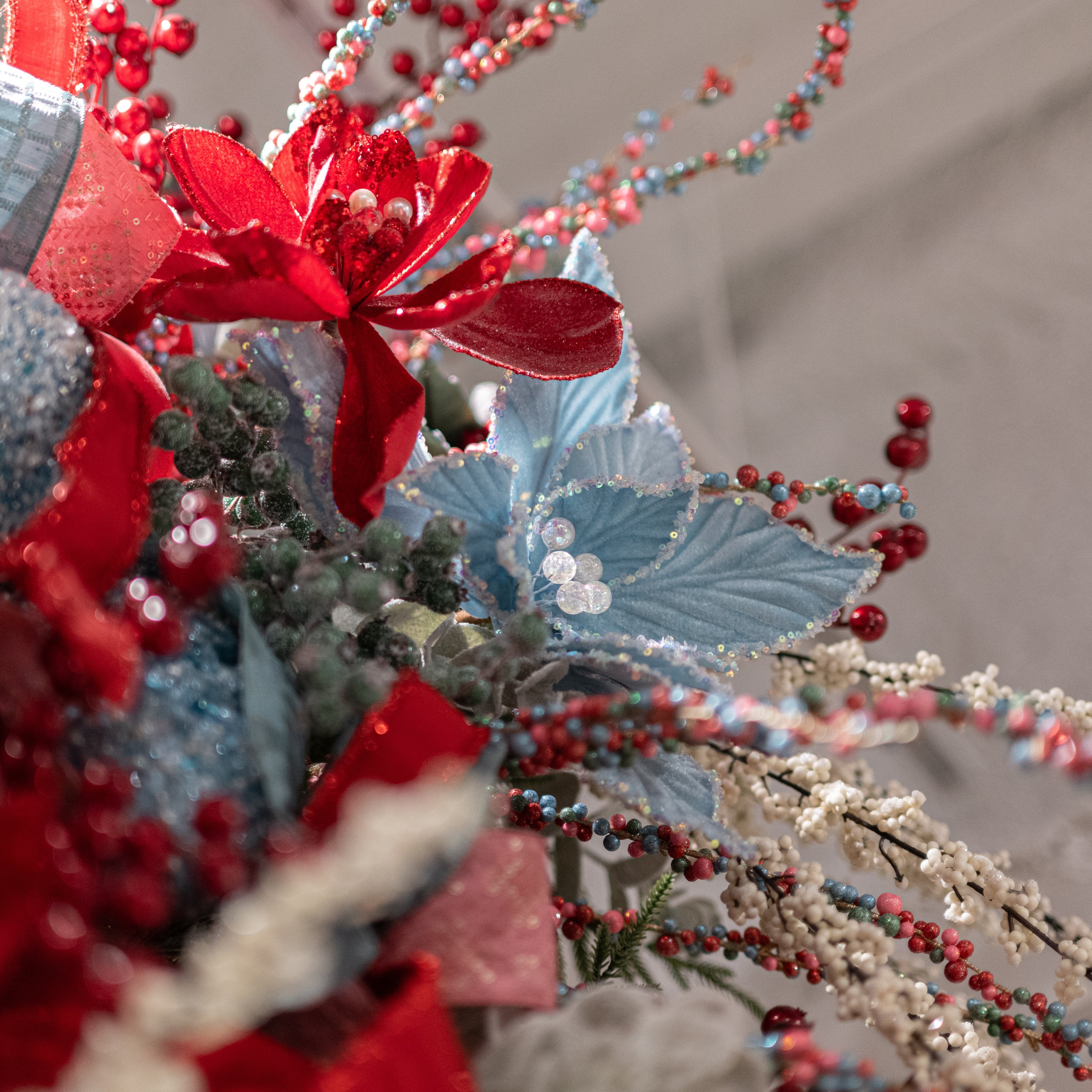 13" x 19" Embossed Velvet Poinsettia Stem: Pale Blue Lifestyle Photo