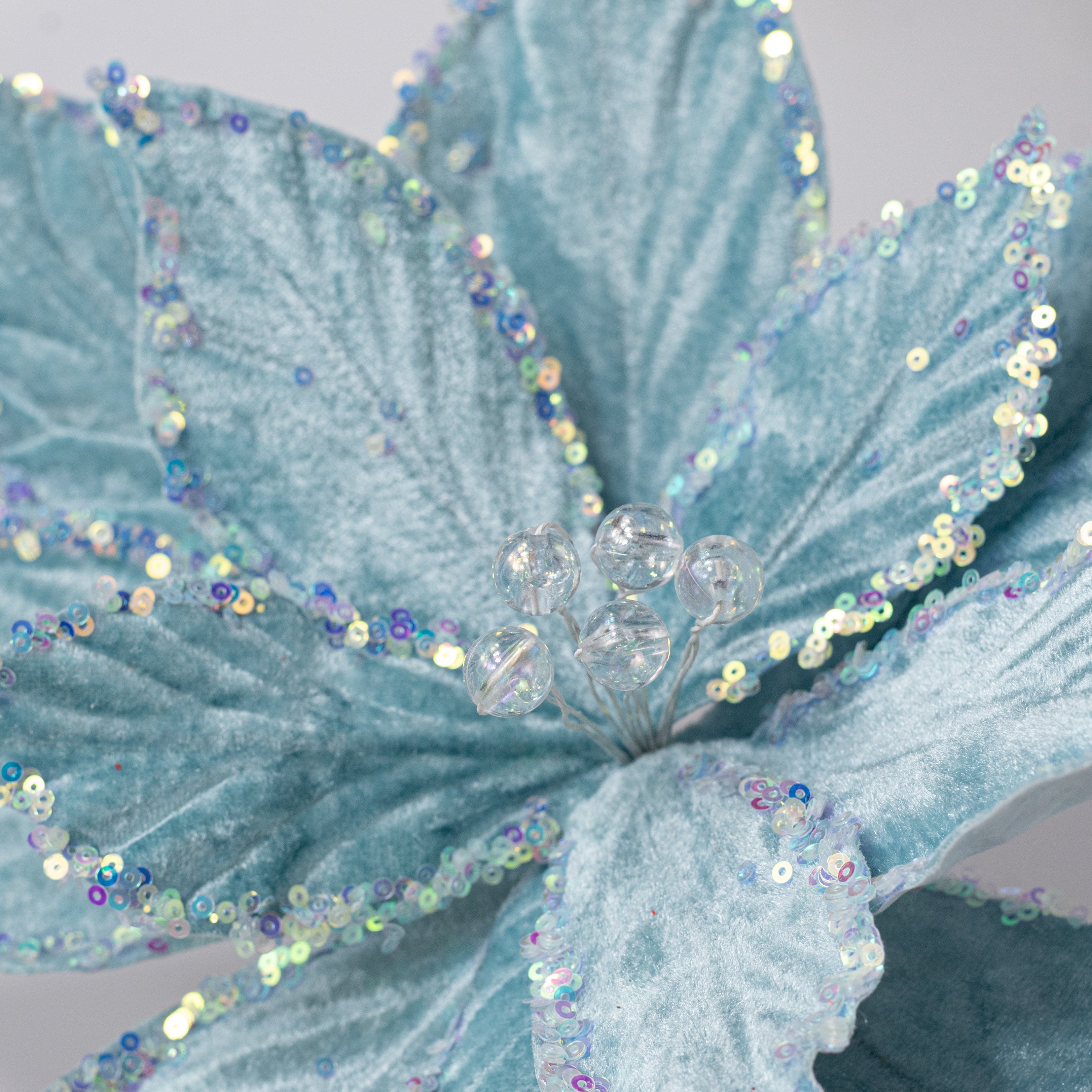 13" x 19" Embossed Velvet Poinsettia Stem: Pale Blue detail photo 4