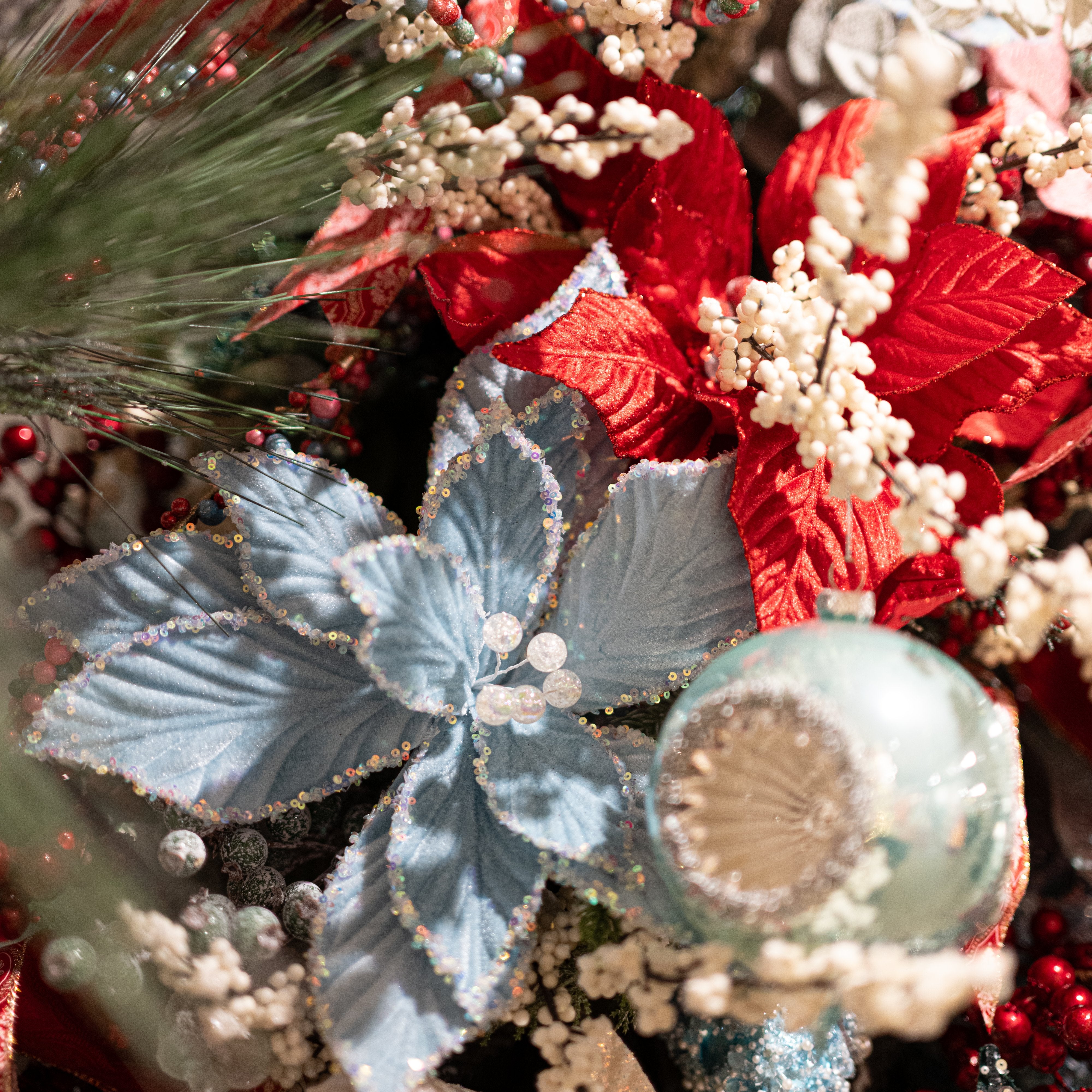 13" x 19" Embossed Velvet Poinsettia Stem: Pale Blue detail photo 5