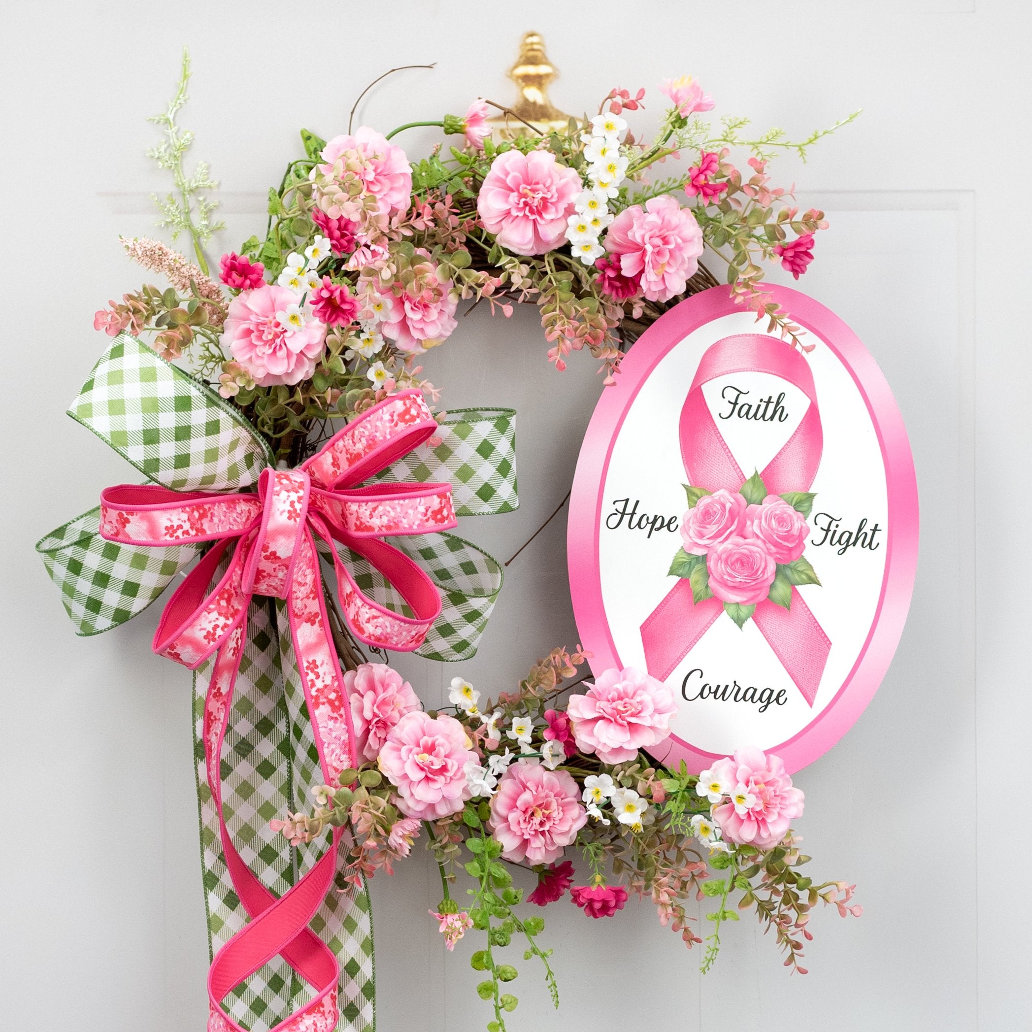 13" Oval Wooden Sign: Pink Ribbon Faith Roses Lifestyle Photo
