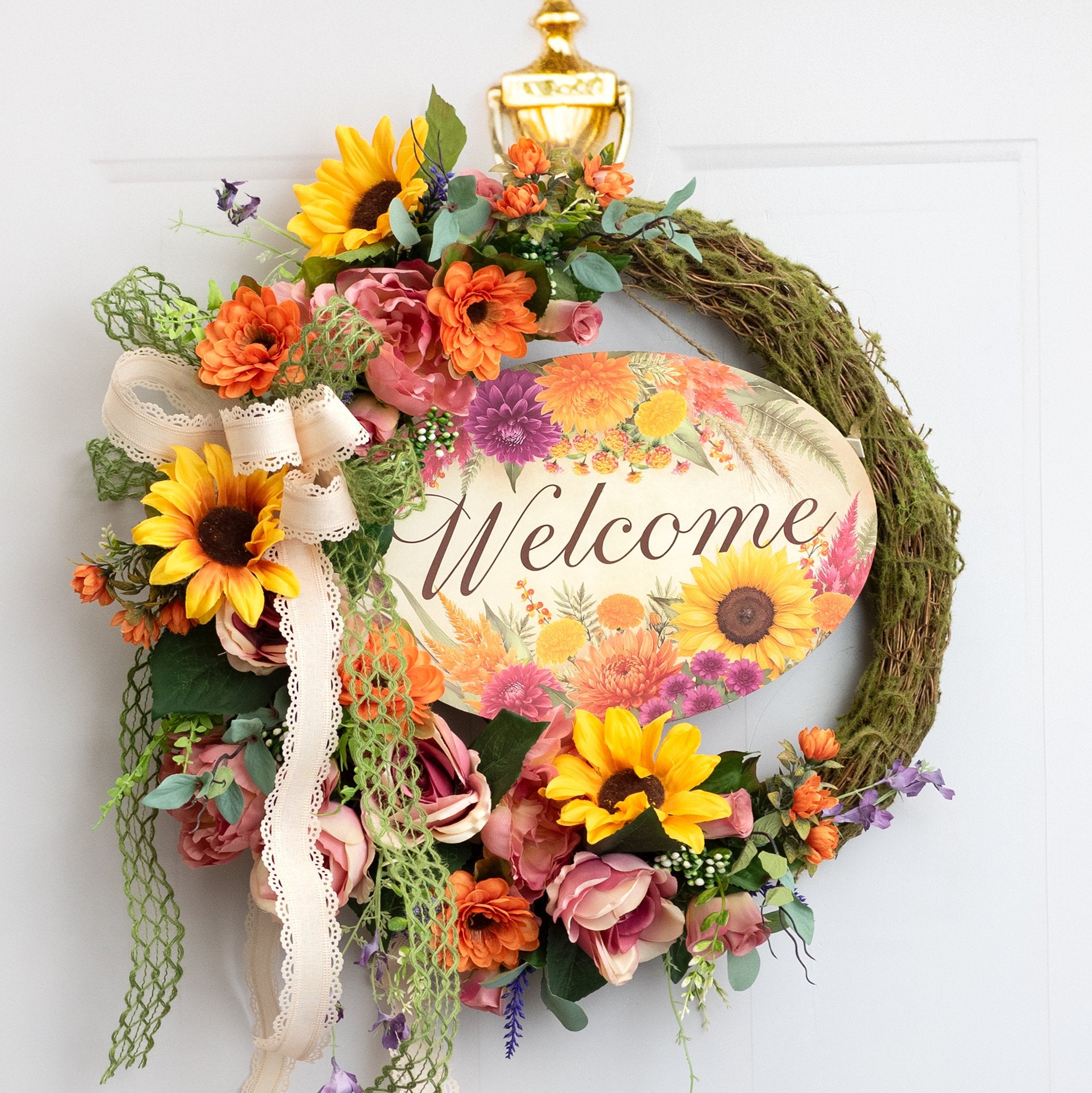 13" Oval Wooden Sign: Welcome Autumn Florals Lifestyle Photo