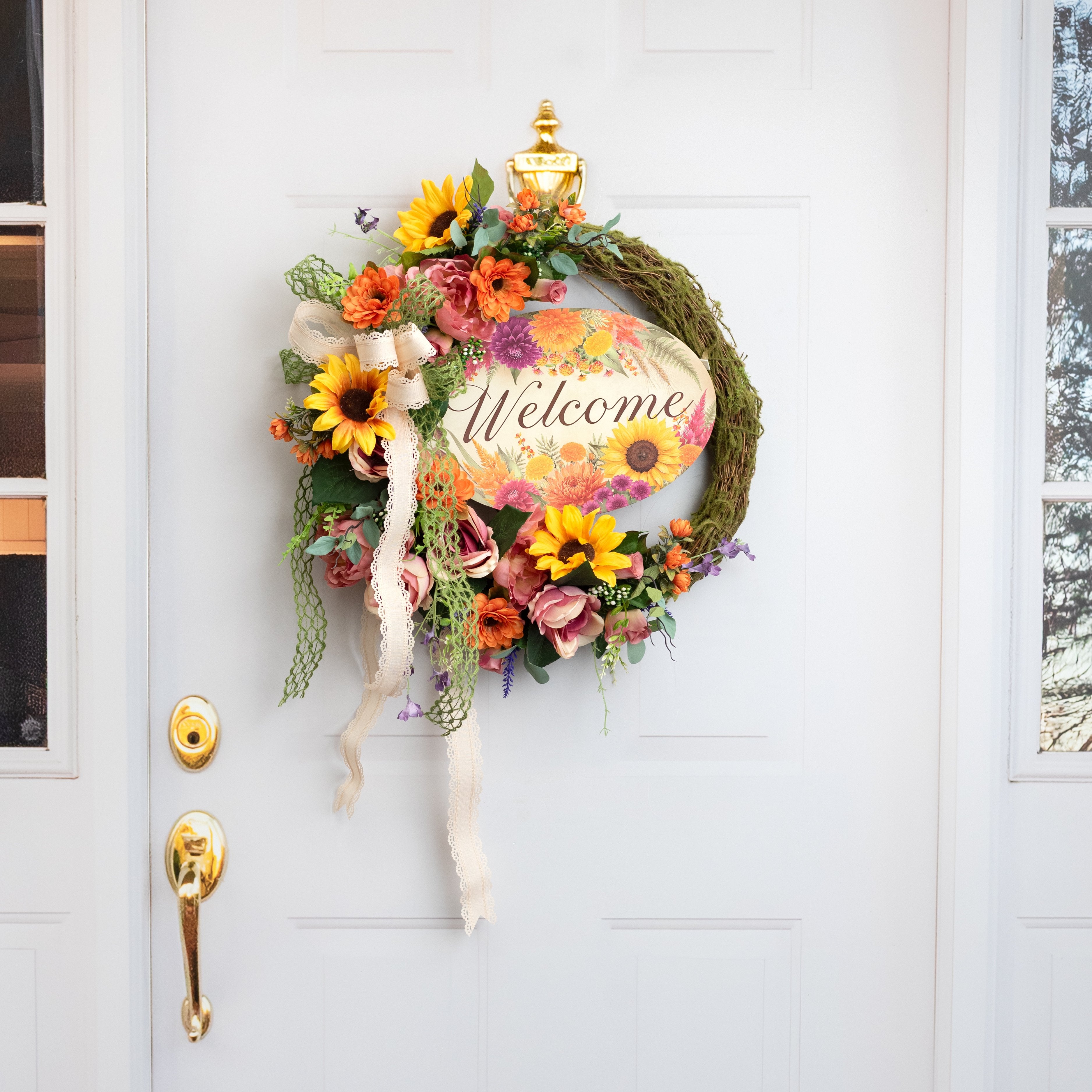 13" Oval Wooden Sign: Welcome Autumn Florals detail photo 4
