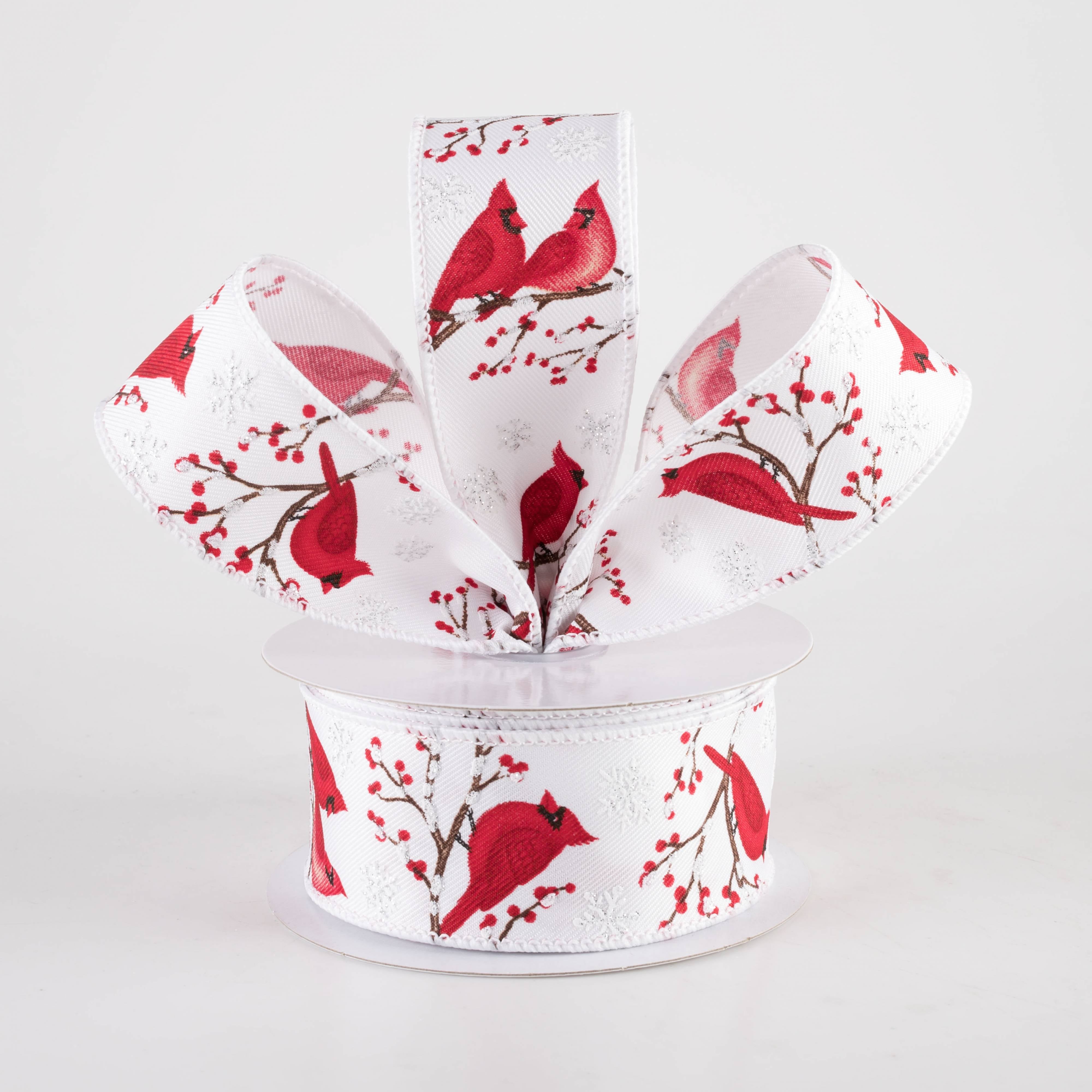1.5" Cardinals, Snowflakes & Berries Ribbon: White (10 Yards)