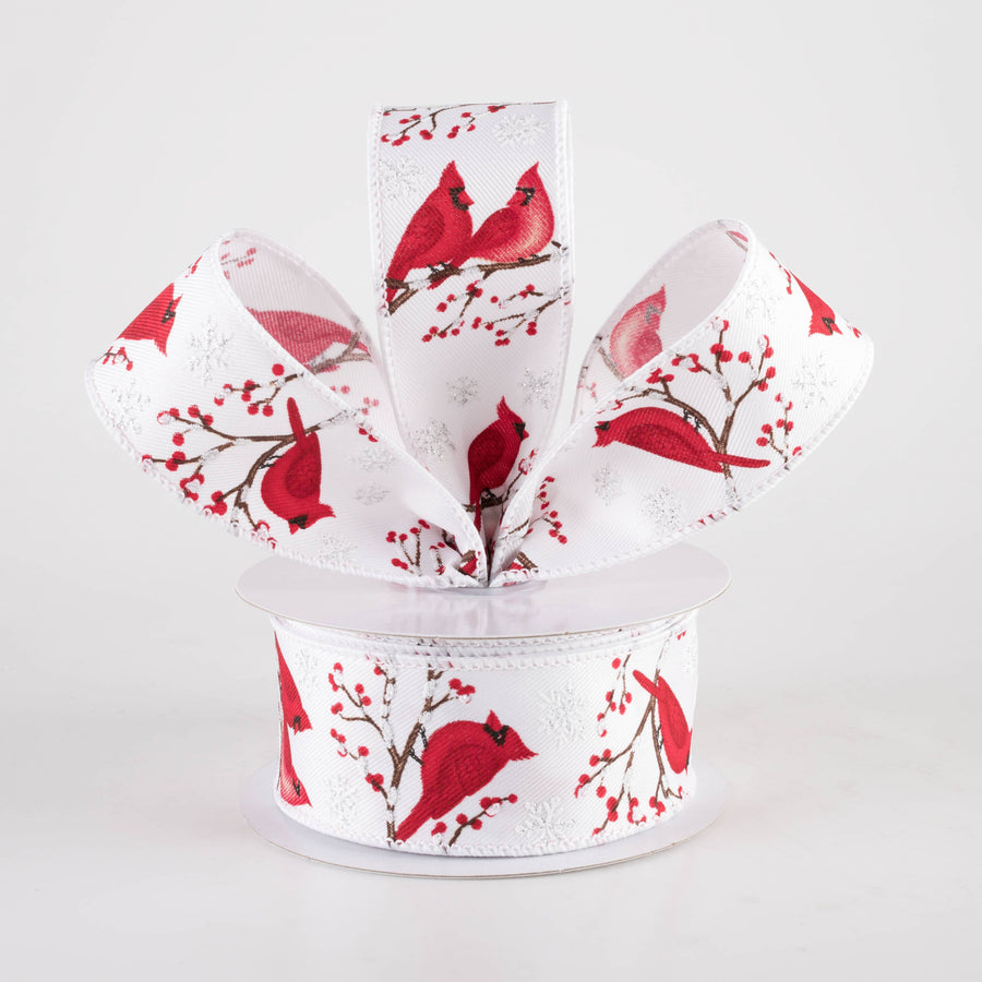 1.5" Cardinals, Snowflakes & Berries Ribbon: White (10 Yards)