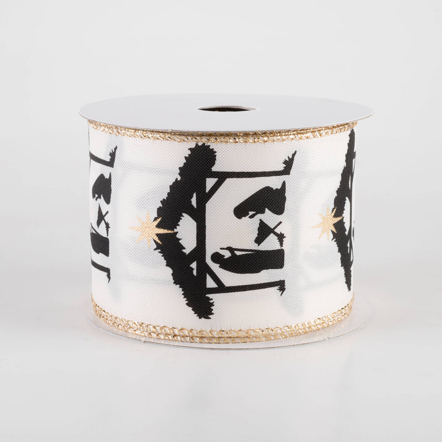 2.5" Satin Nativity Scene Ribbon: Black on Ivory (10 Yards)