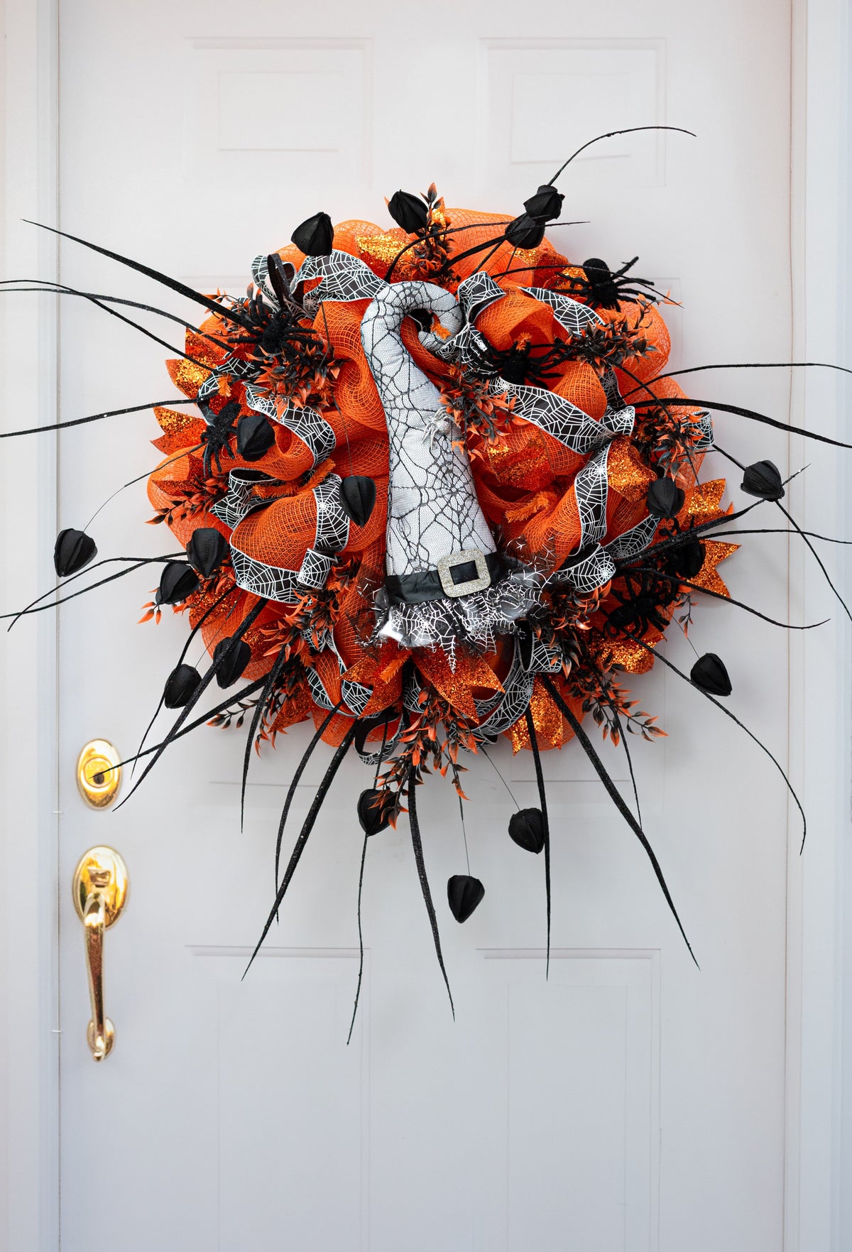 14" Spider Web Witch Hat Decor: White detail photo 6