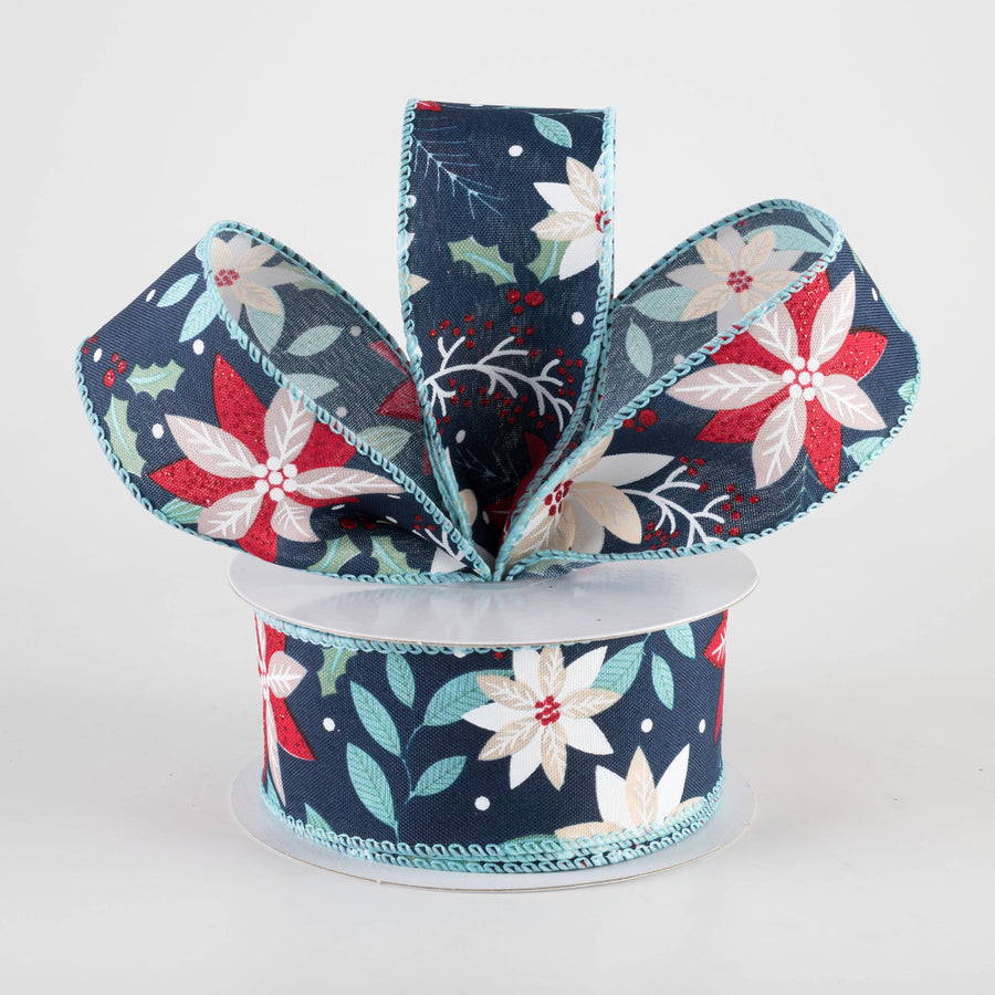 1.5" Holiday Poinsettia Ribbon: Navy (10 Yards)