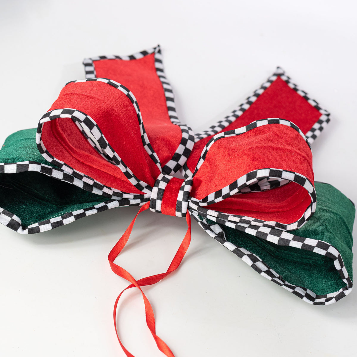 15" x 12" Velvet Black & White Checker Bow: Red & Green detail photo 4