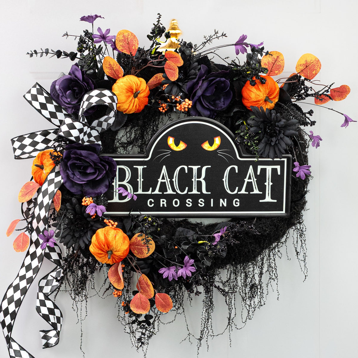15" Embossed Metal Sign: Black Cat Crossing Street Sign Lifestyle Photo