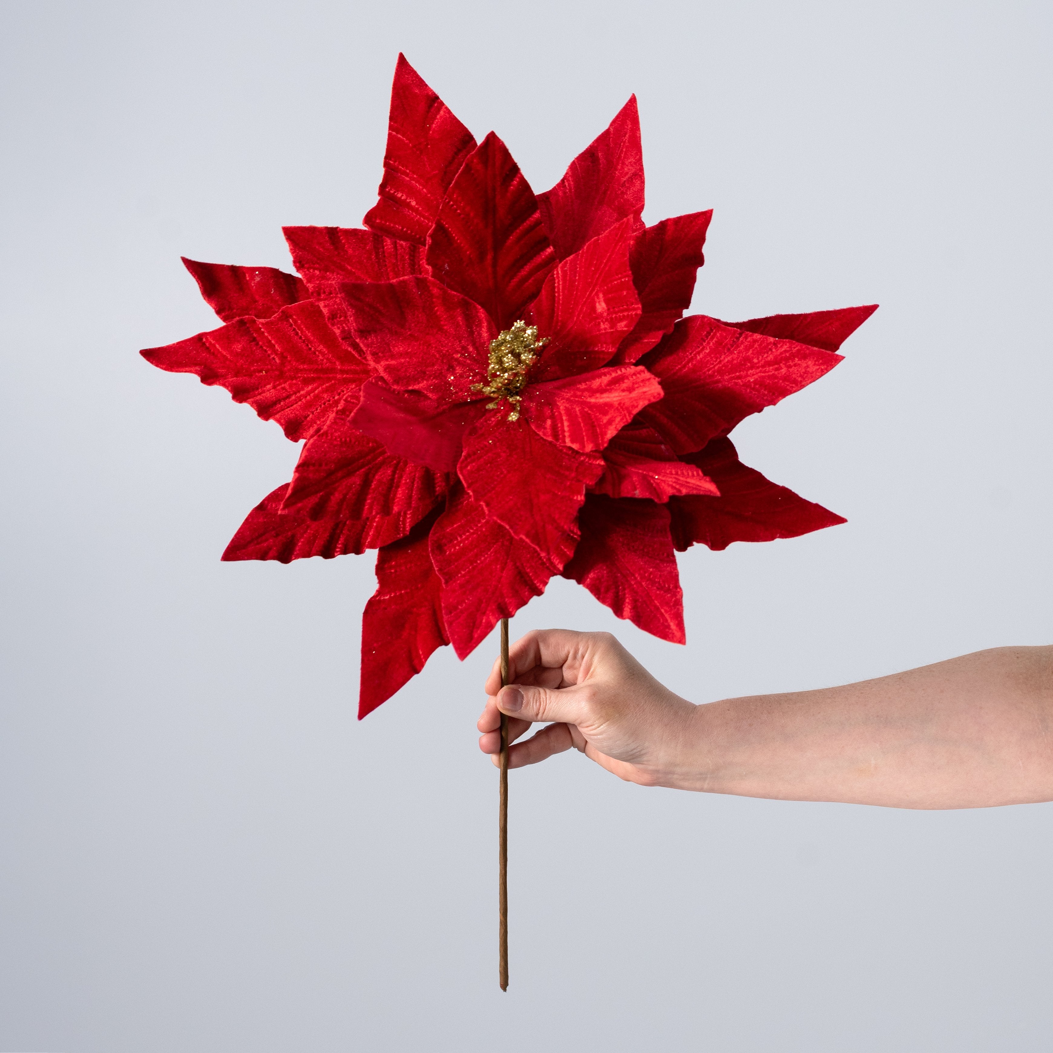 15" Embossed Velvet Poinsettia Stem Spray: Red detail photo 3
