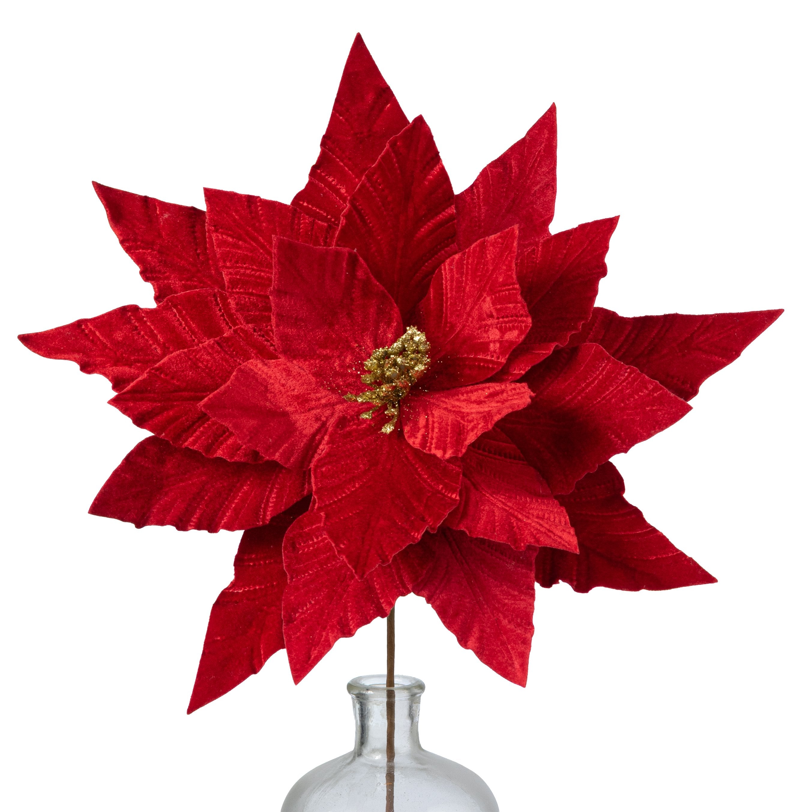 15" Embossed Velvet Poinsettia Stem Spray: Red Item Number: 40474