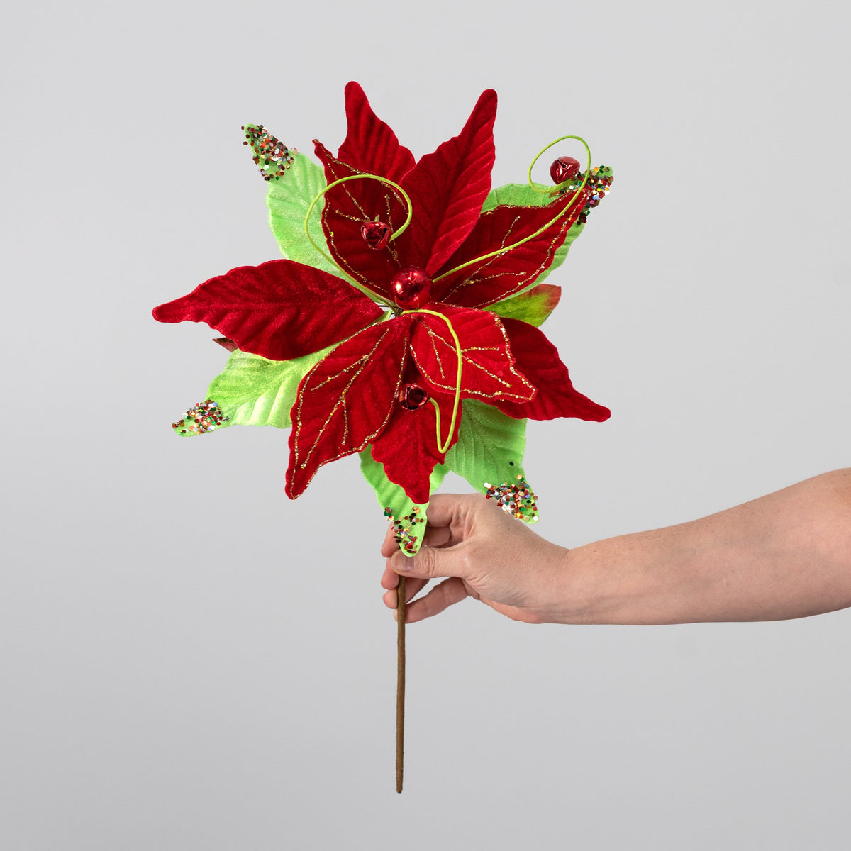 15" Glittered Velvet Poinsettia Spray: Red & Bright Green detail photo 3
