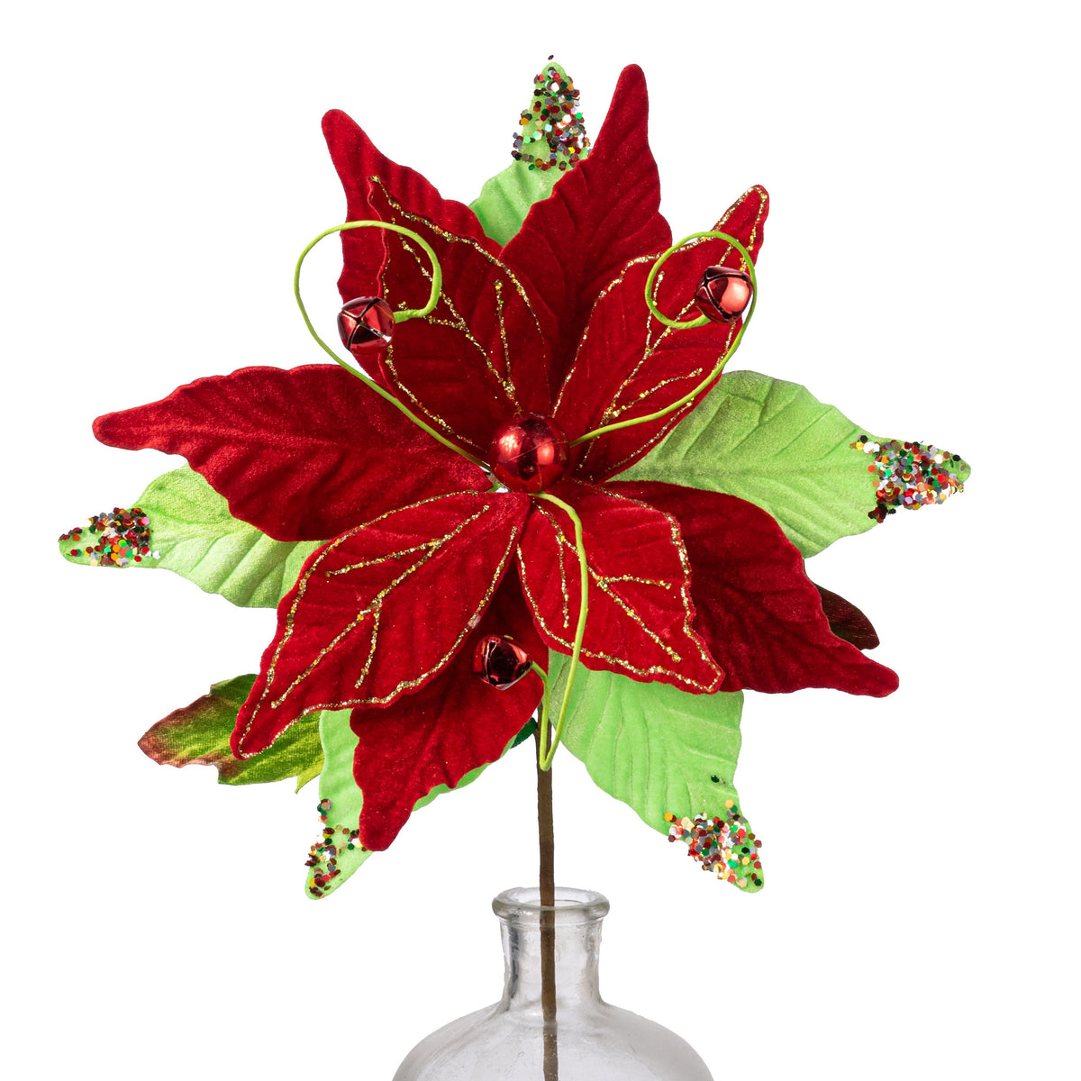 15" Glittered Velvet Poinsettia Spray: Red & Bright Green Item Number: 40476