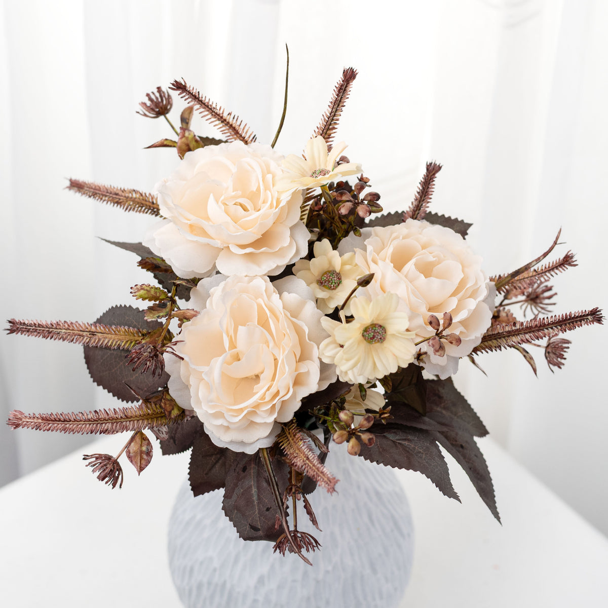 15" Mixed Rose & Foliage Bush: Cream & Brown (5 Stem) Item Number: 57452BE