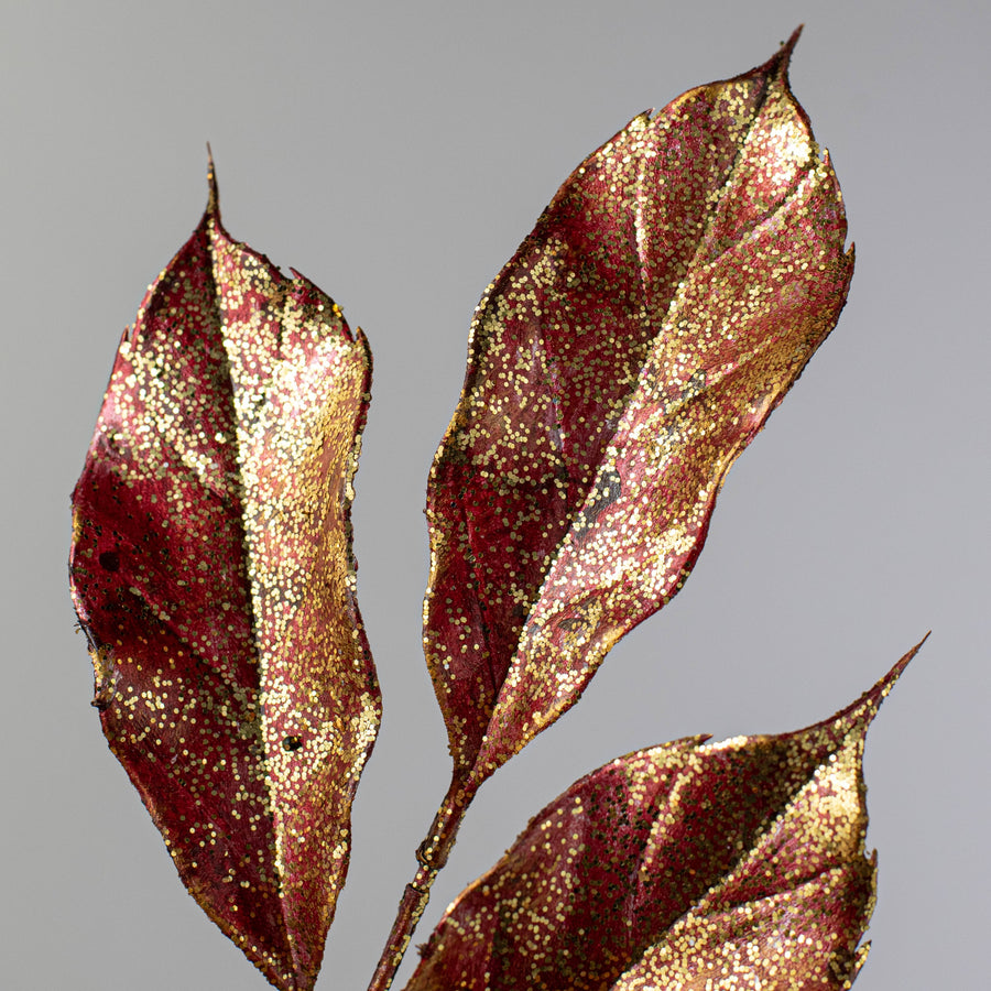 28" Metallic Magnolia Leaves Spray: Burgundy & Gold