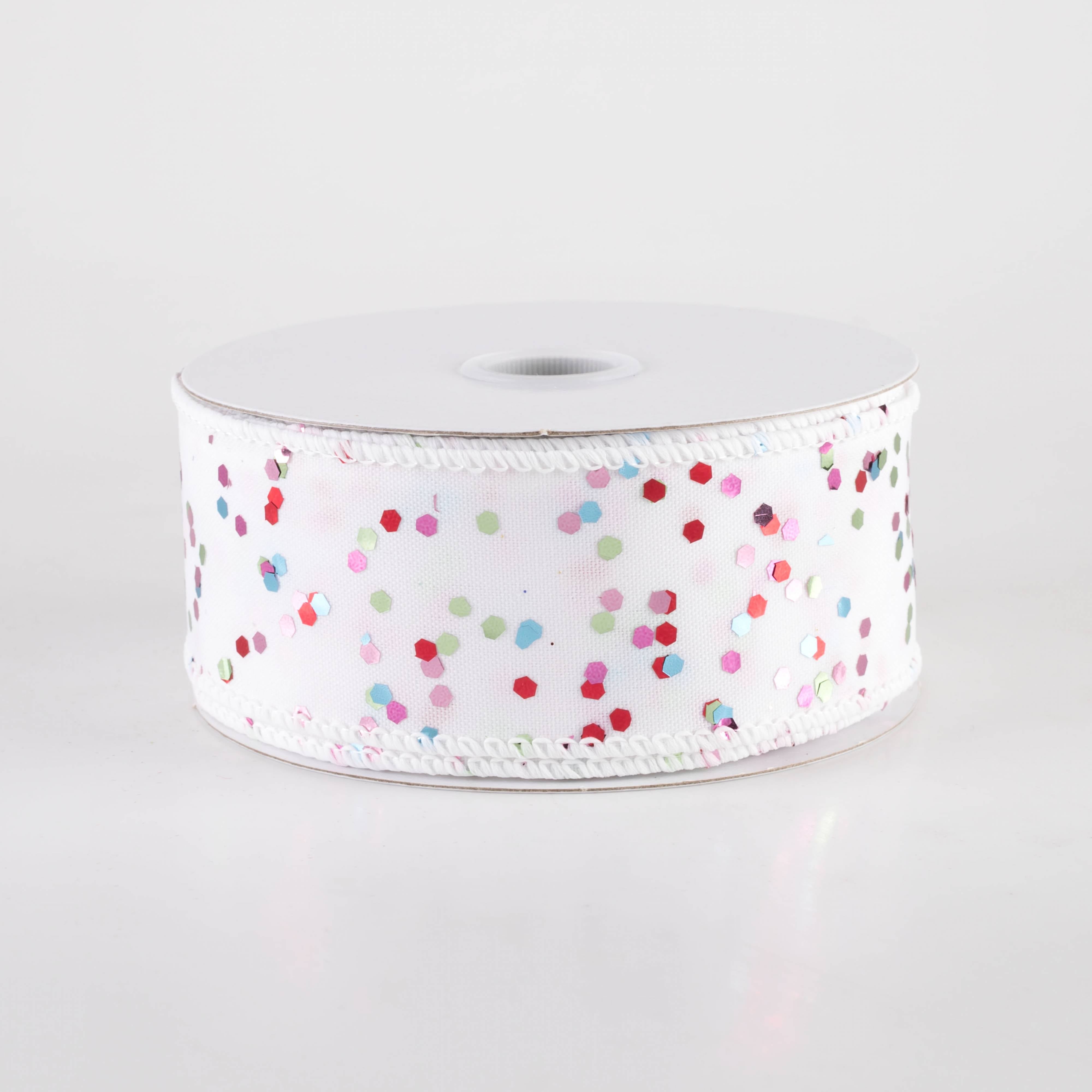 1.5" Hex Glitter on White Ribbon: Pastel Christmas (10 Yards)