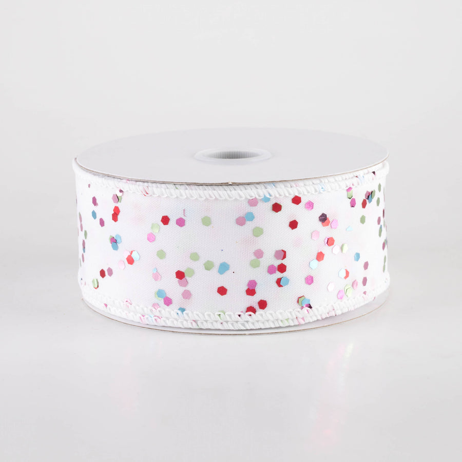 1.5" Hex Glitter on White Ribbon: Pastel Christmas (10 Yards)