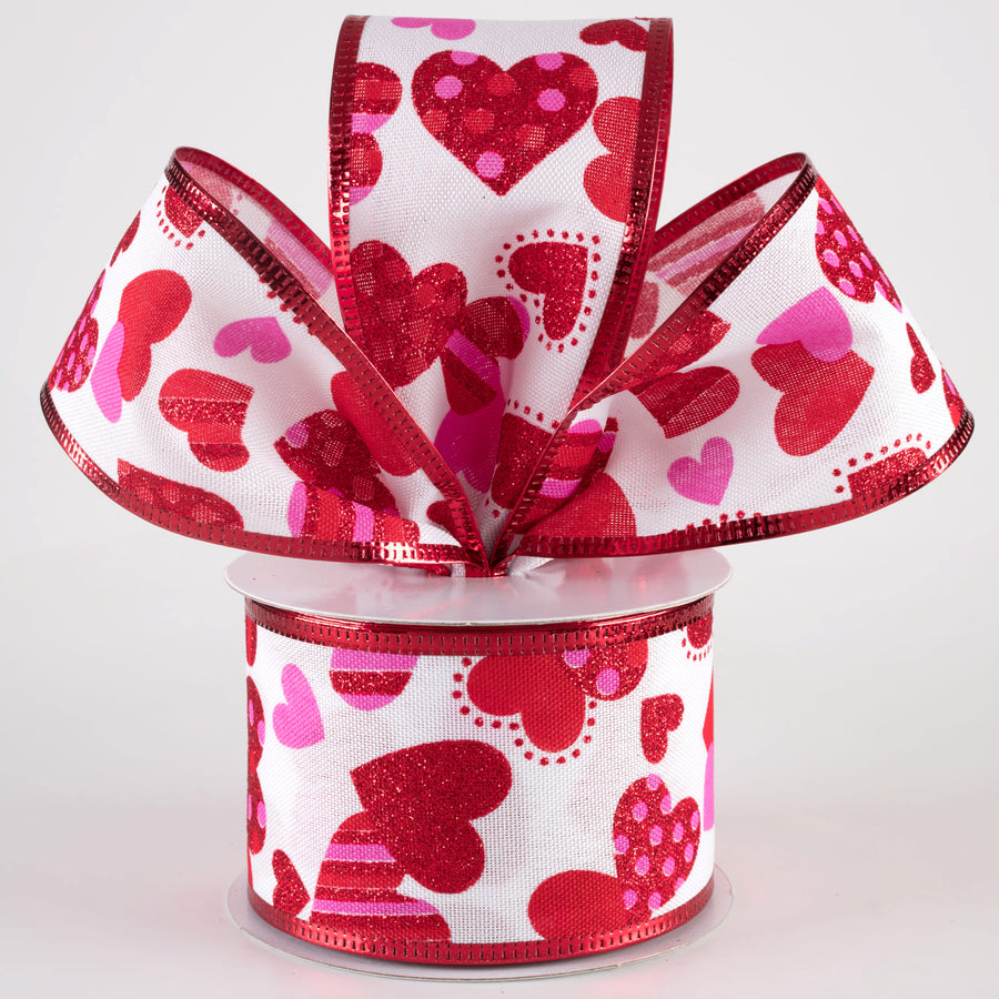 2.5" Dot & Stripe Hearts Linen Ribbon: White, Red, Pink (10 Yards)
