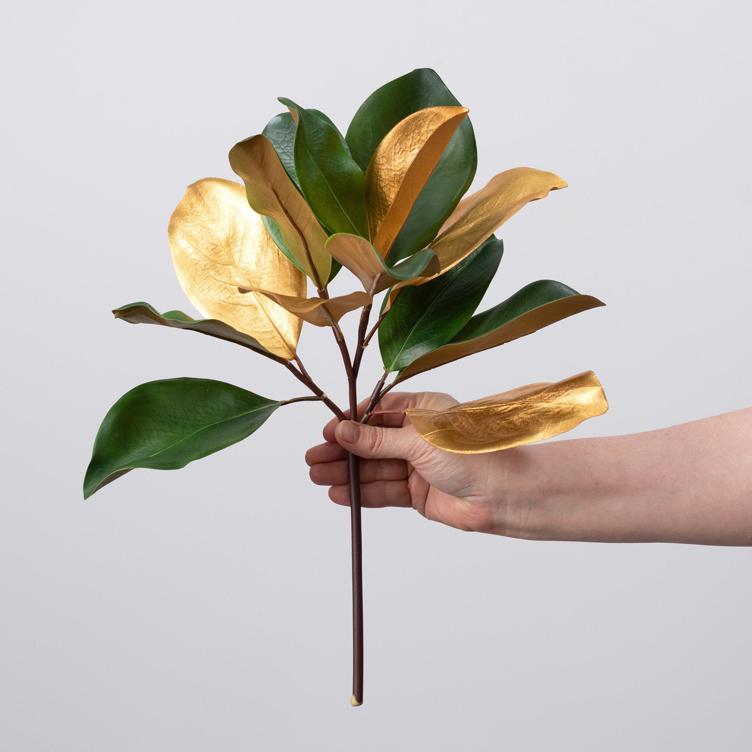 16" Artificial Magnolia Leaves Stem: Green & Metallic Gold detail photo 3