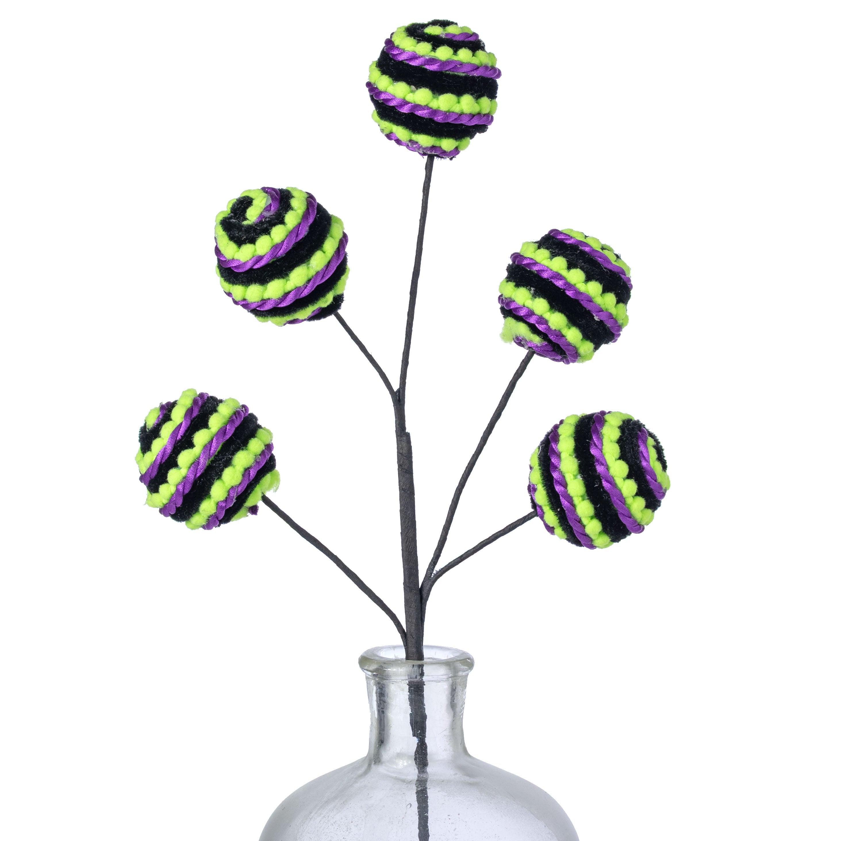 16" Chenille Pom Pom & Cording Ball Spray: Neon Lime, Purple & Black Item Number: 57396PU