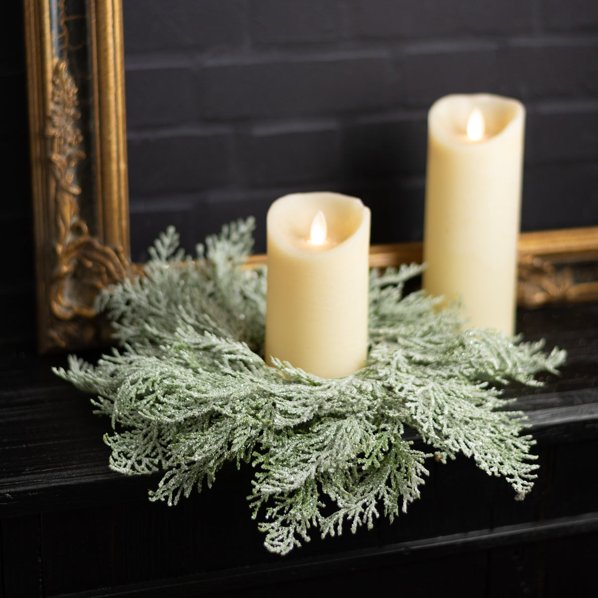 16" Faux Cedar Cabinet Wreath: Iced Green Lifestyle Photo
