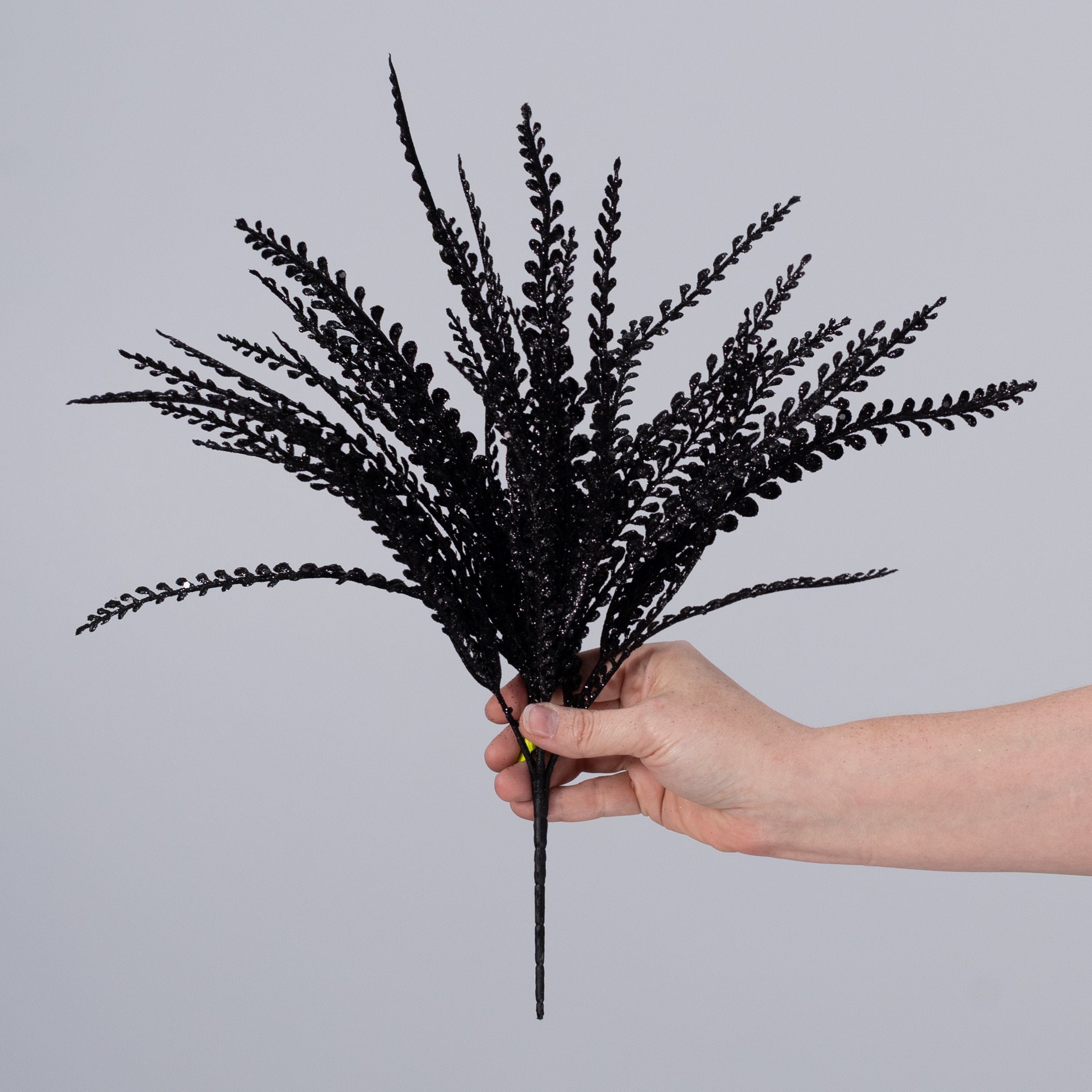 16" Glitter Plastic Button Fern Bush: Black (5 Stem) detail photo 3